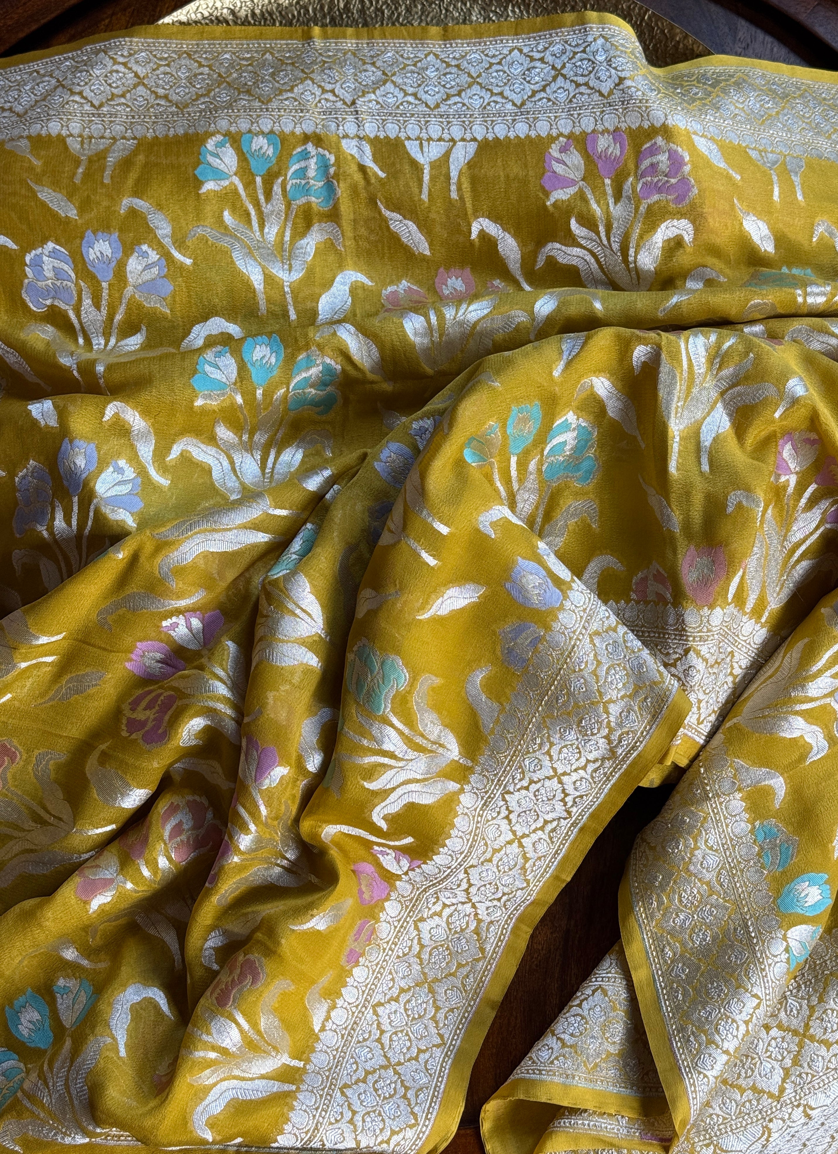 Khaddi Georgette Banarasi - Lime Yellow Meenakari