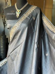 Designer Tussar Silk - Steel Grey Hand Embroidered