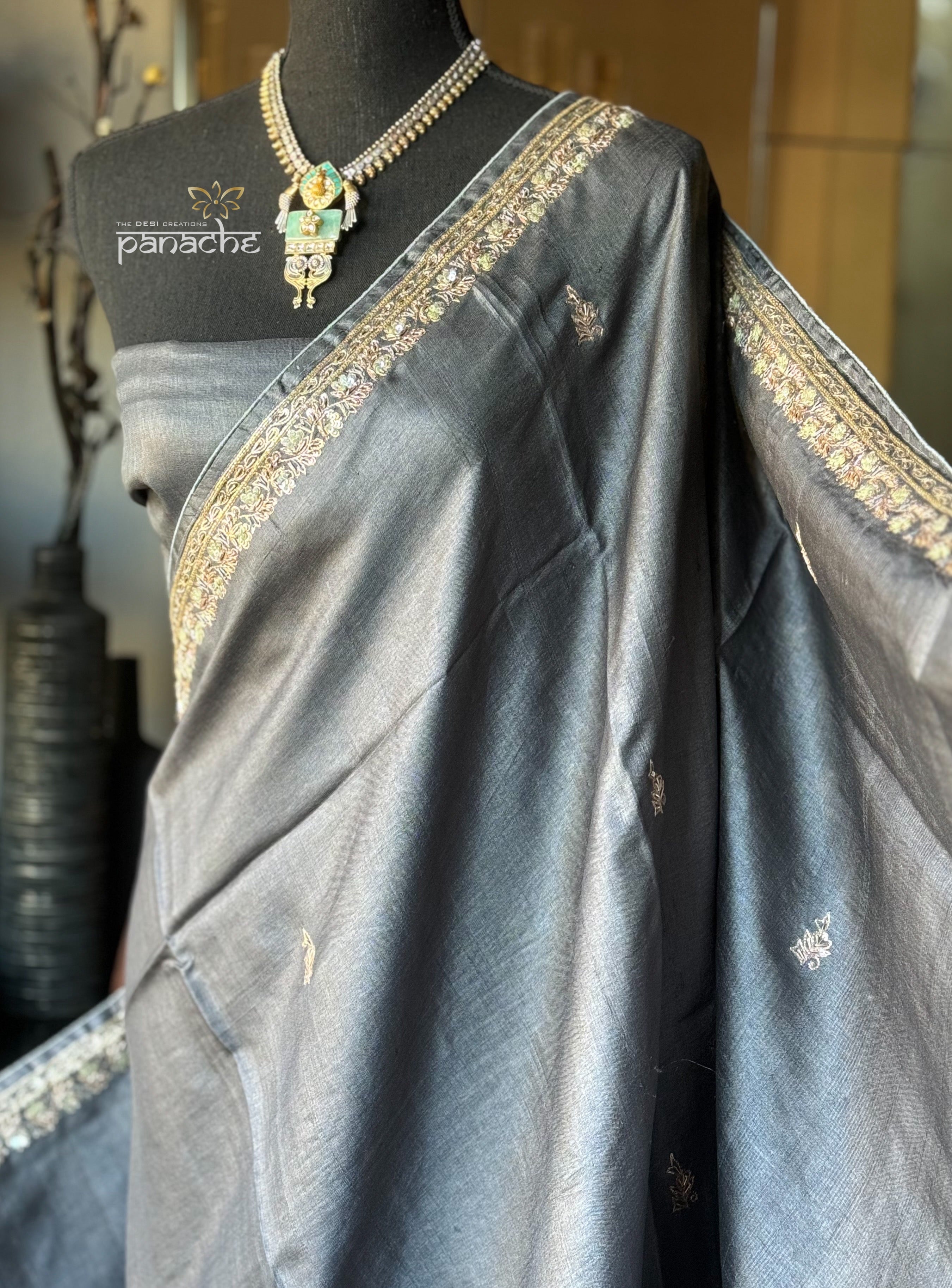 Designer Tussar Silk - Steel Grey Hand Embroidered