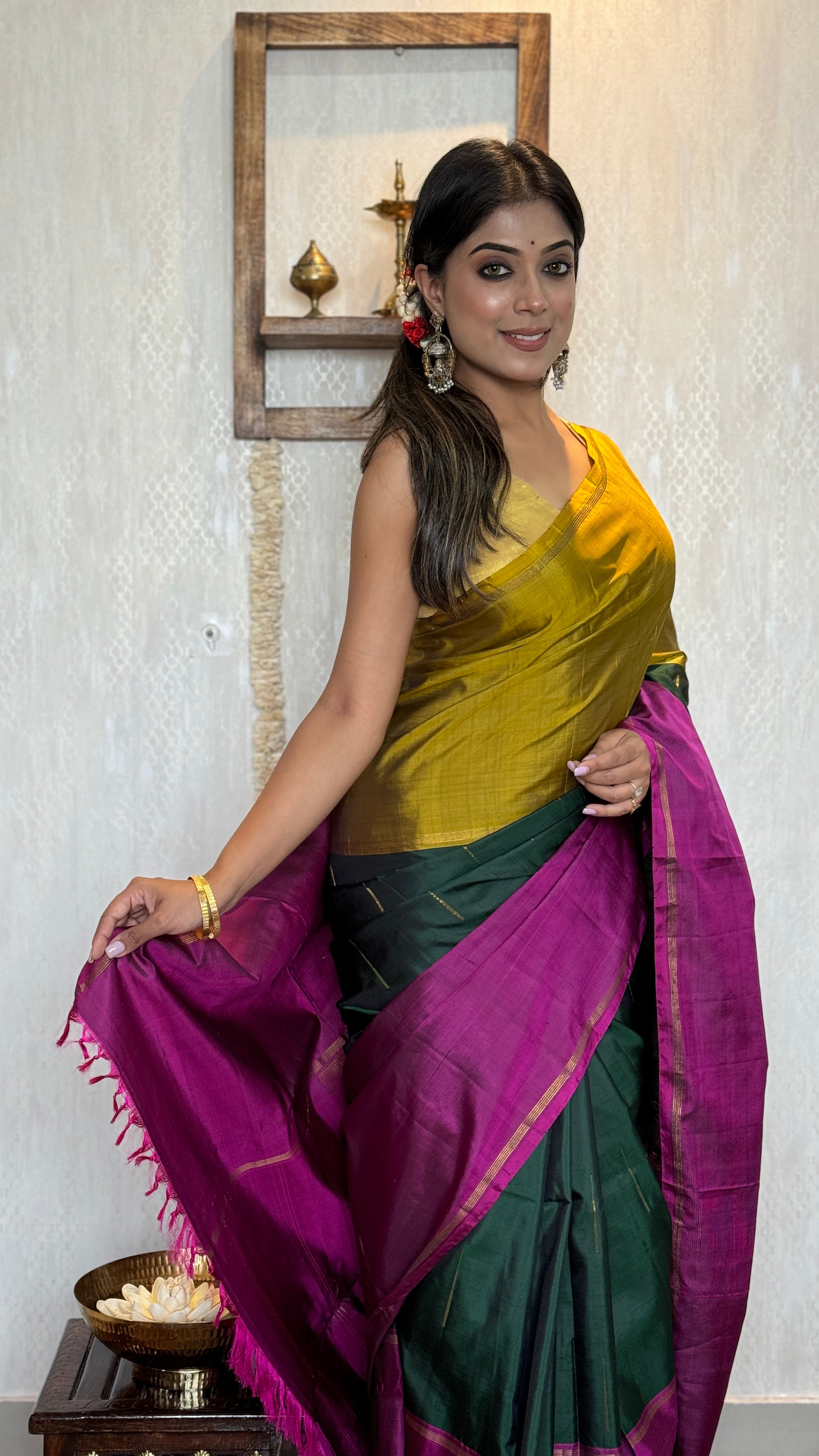 Pure Silk Mubbagam Kanjivaram - Golden Yellow Magenta Green Woven