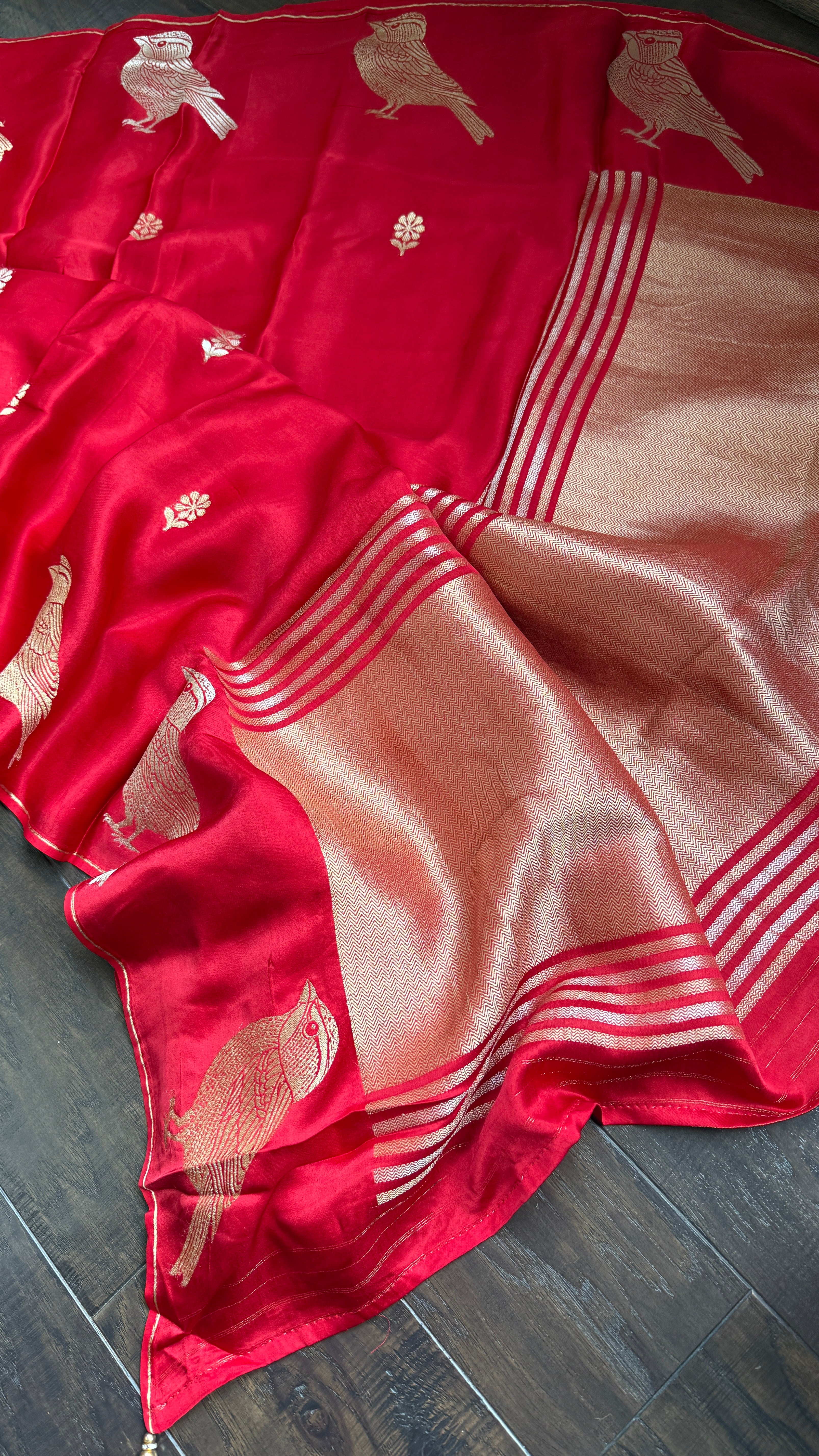 Designer Satin Silk - Red Bird Woven