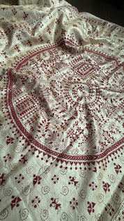 Pure Tussar Silk Kantha Stitch -  Tan Beige Maroon Worli Art