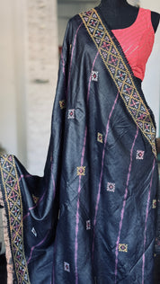 Pure Tussar Silk Gujrati Stitch -  Black Shibori Hand Embroidered