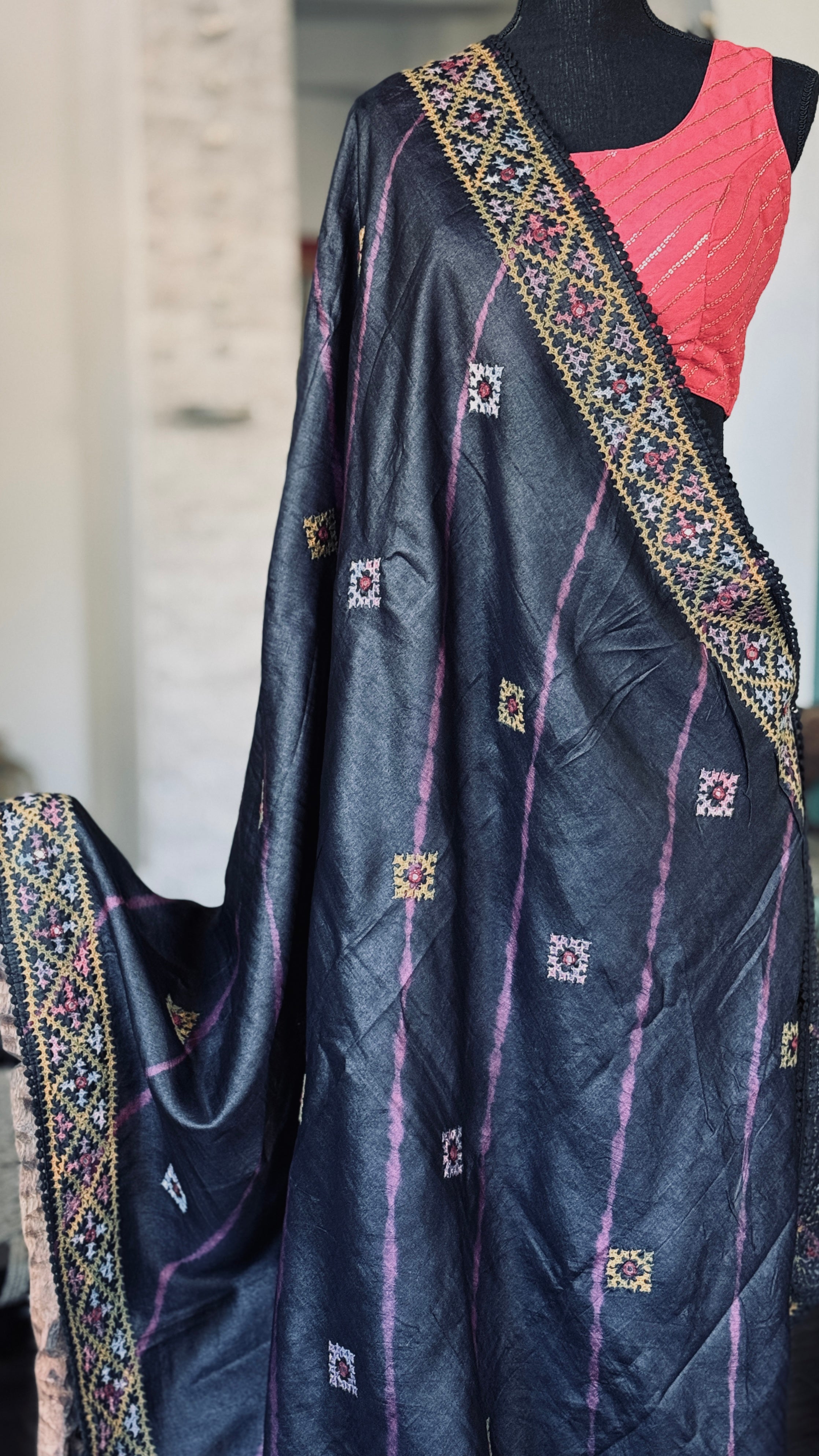 Pure Tussar Silk Gujrati Stitch -  Black Shibori Hand Embroidered