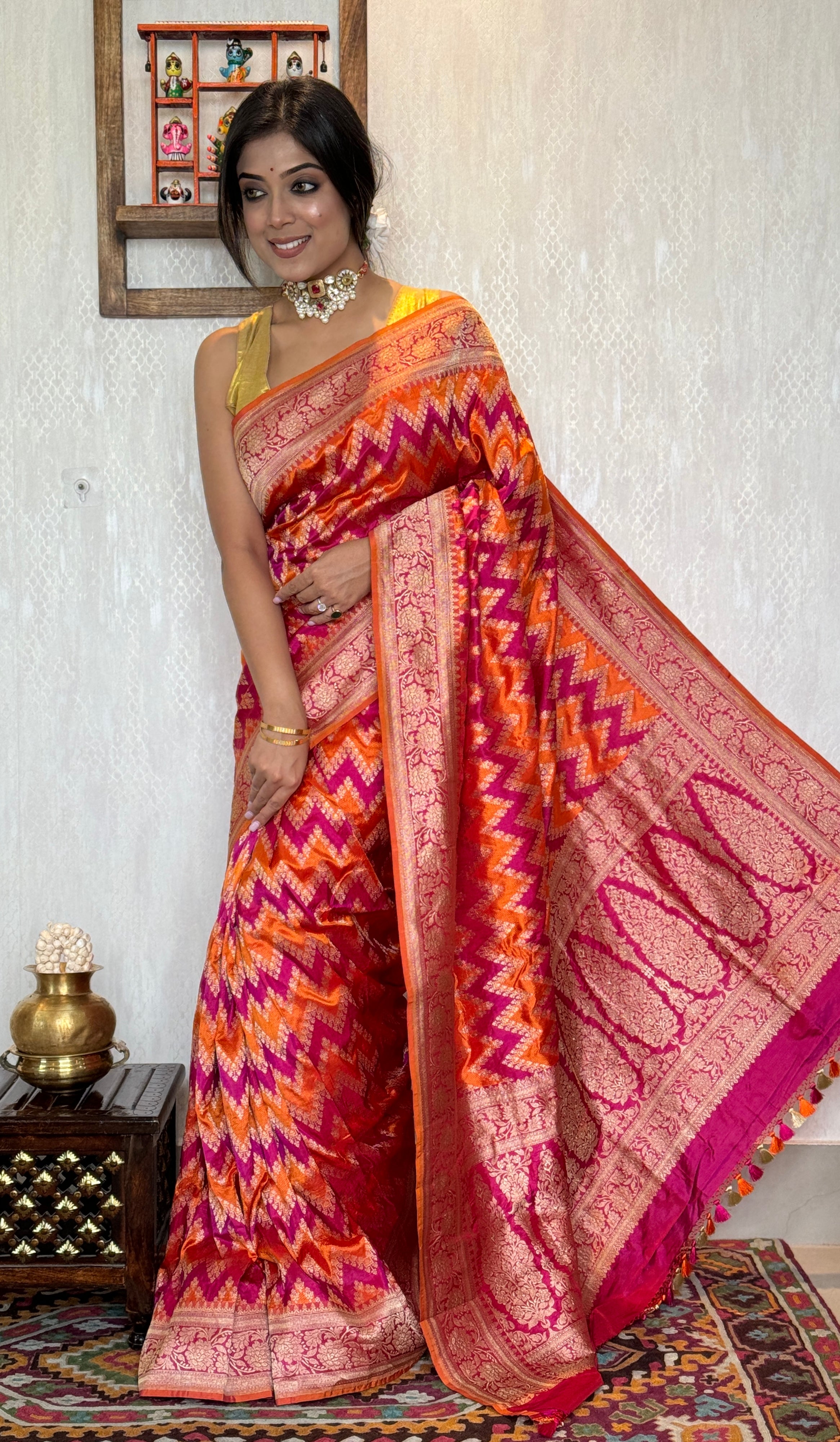 Katan Silk Tanchui Banarasi - Magenta Pink Orange Antique Zari