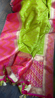Soft Silk Banarasi - Lime Green Magenta Antique Golden Zari