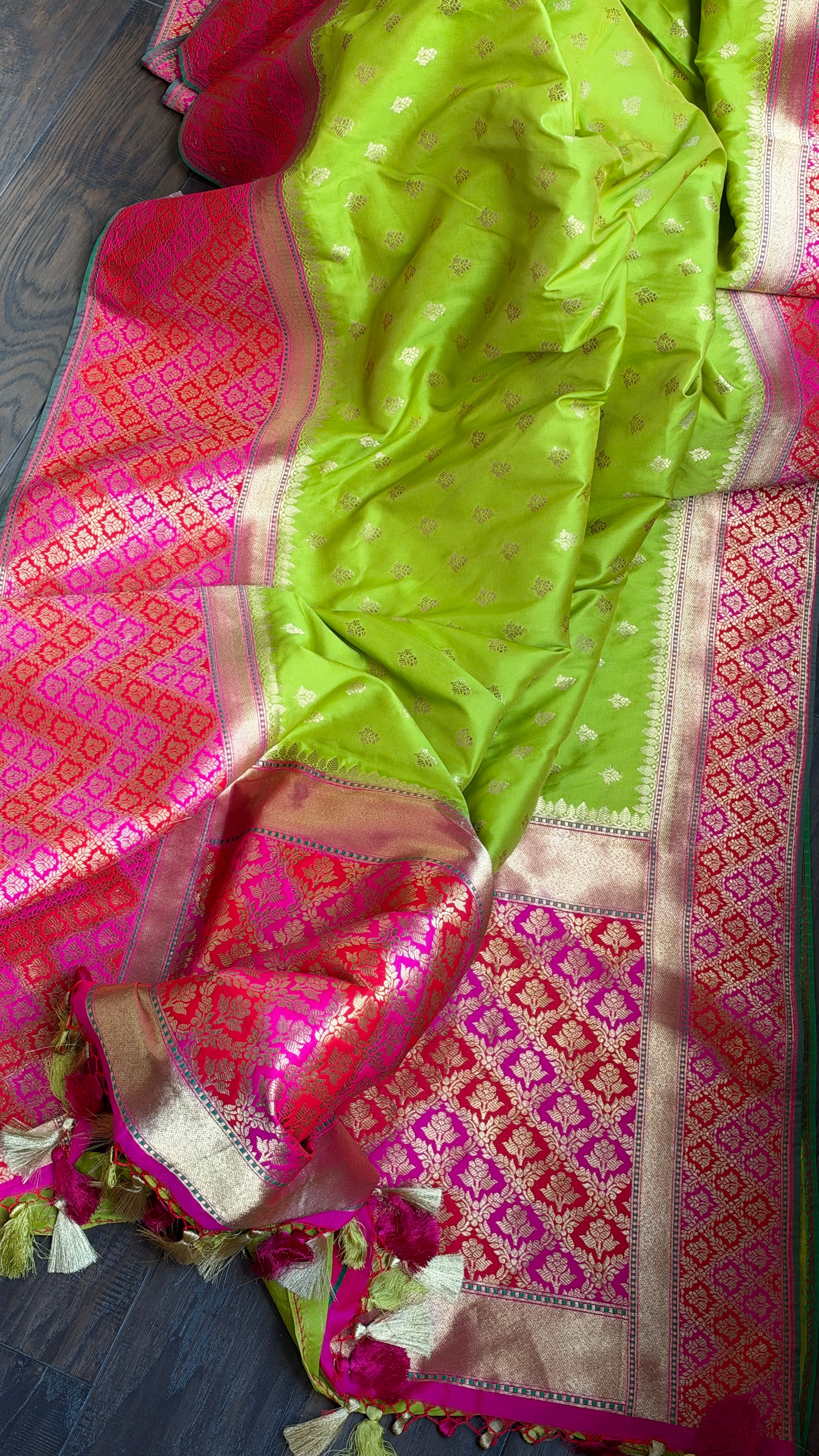 Soft Silk Banarasi - Lime Green Magenta Antique Golden Zari