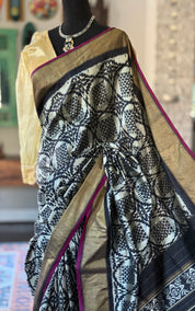 Pure Silk Ikat -  Silver Grey Black Pochampally