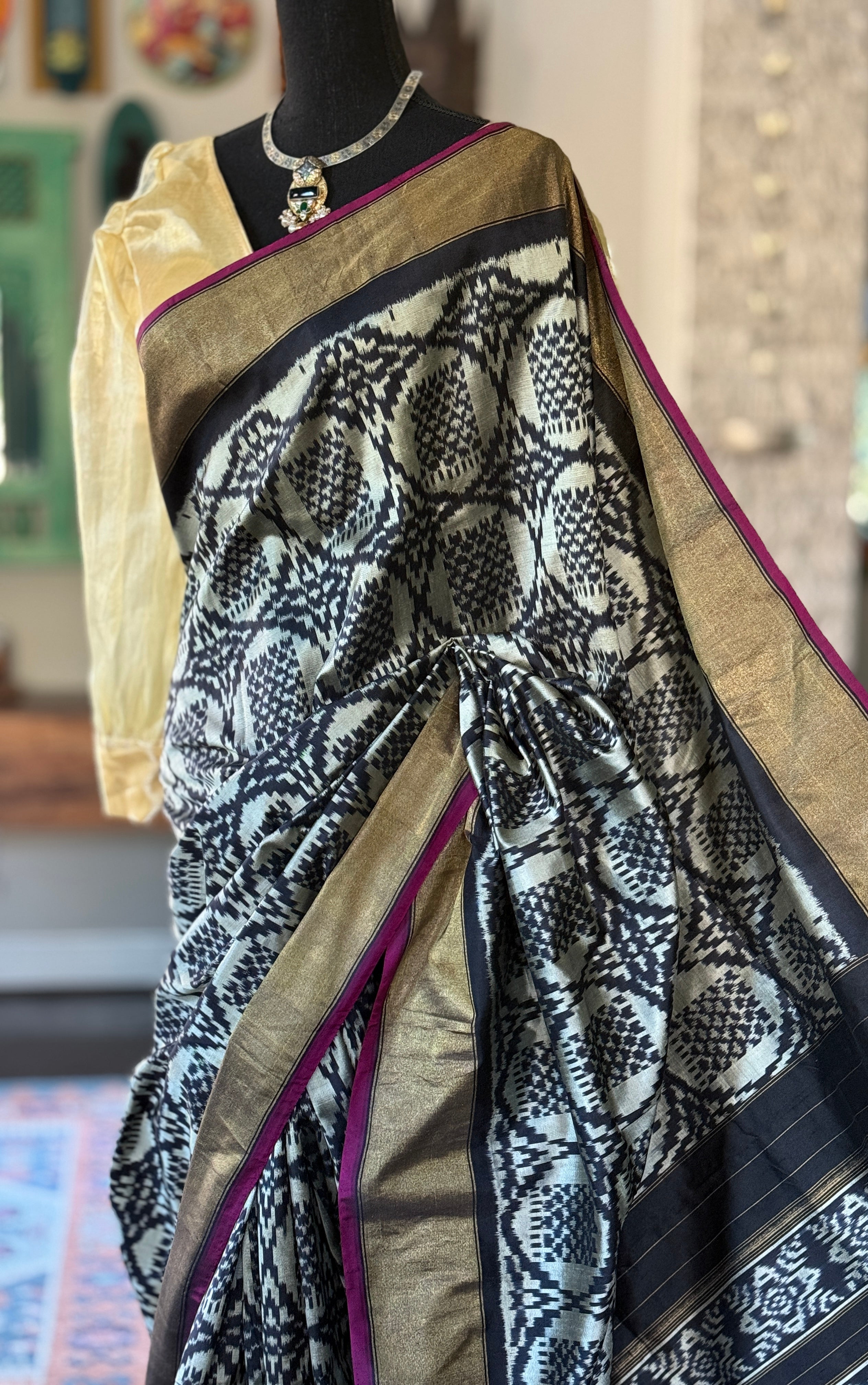 Pure Silk Ikat -  Silver Grey Black Pochampally