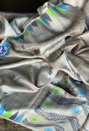 Pure Tussar Silk Jamdaani - Grey Multi Color