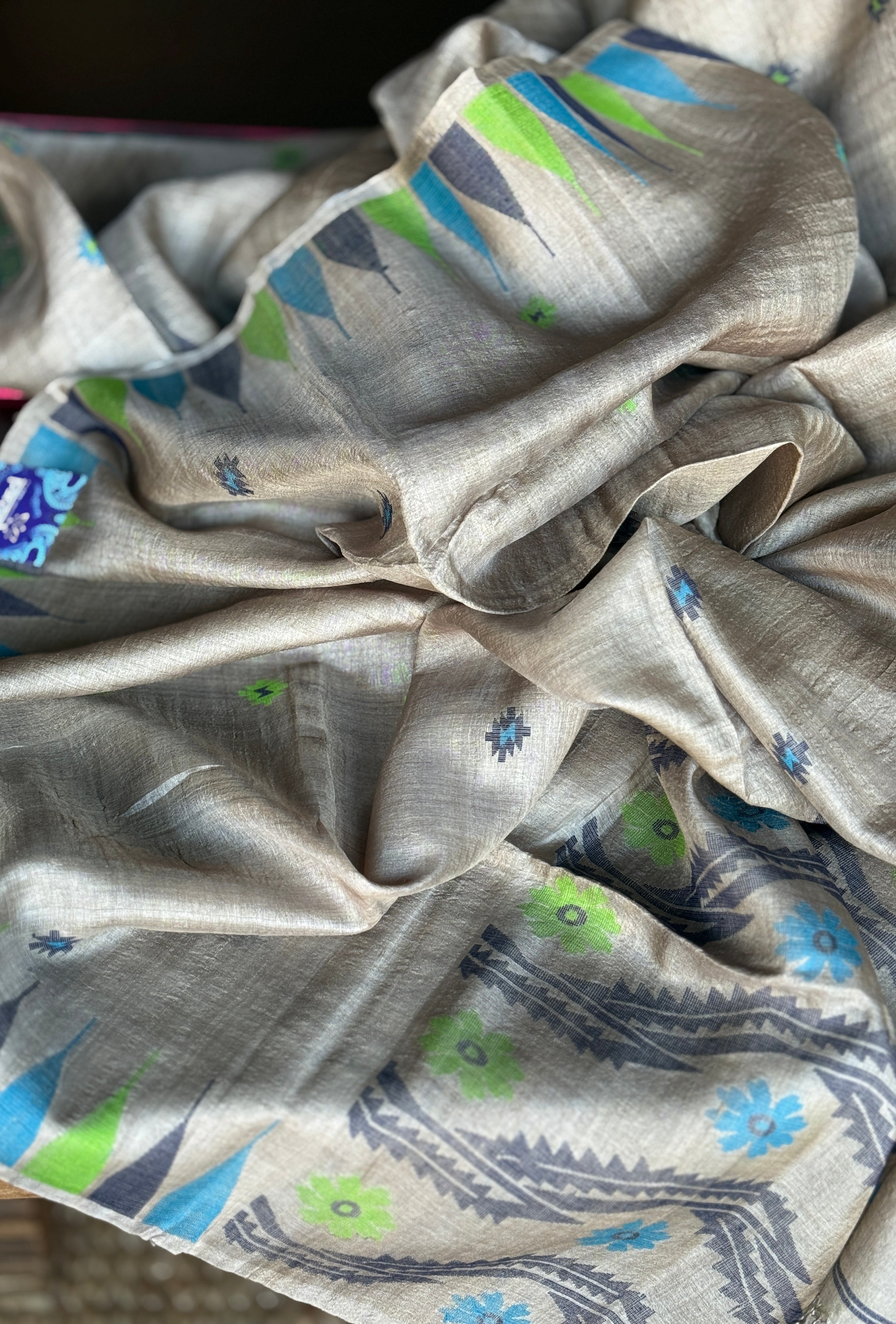 Pure Tussar Silk Jamdaani - Grey Multi Color