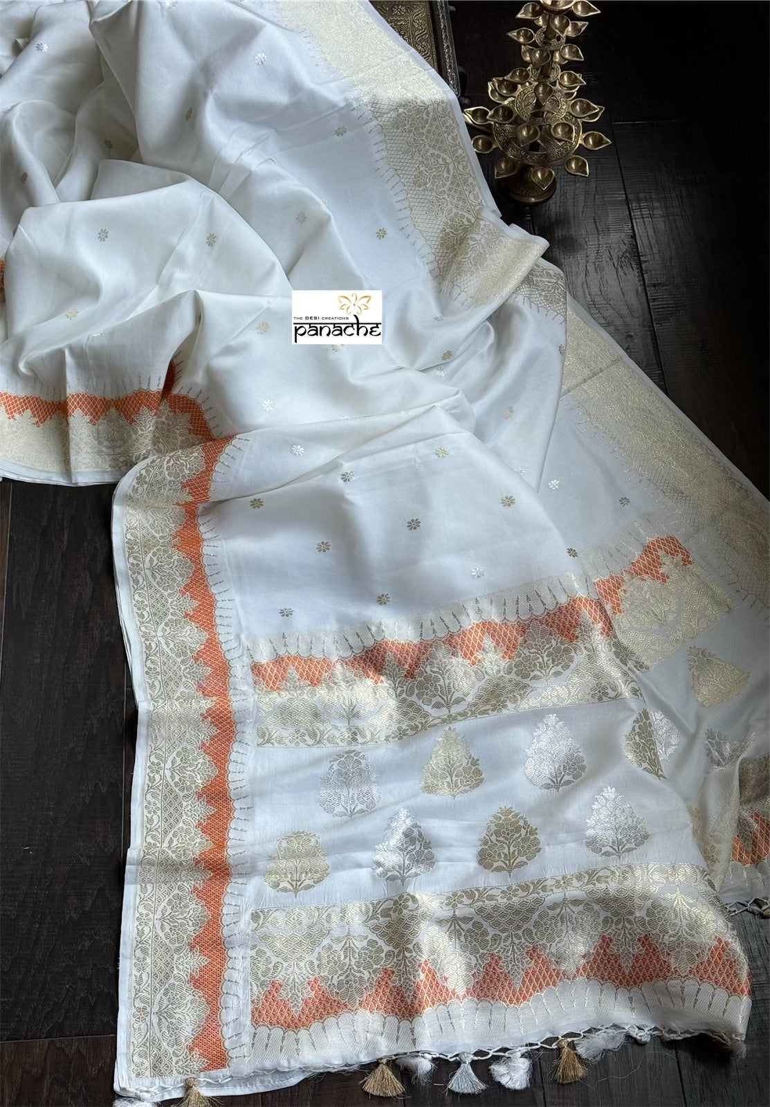 Pure Katan Silk Kadhua Banarasi - White antique Zari