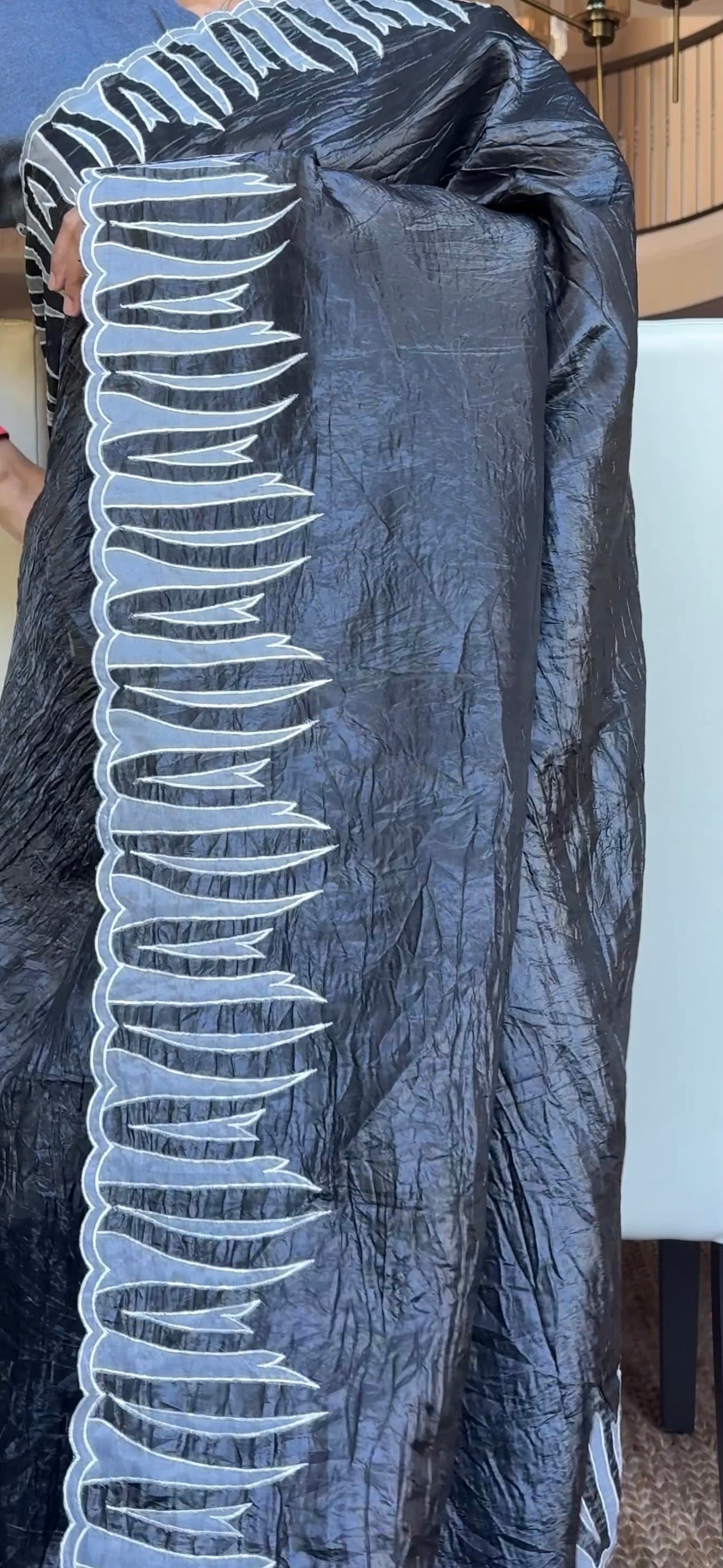 Designer Crushed Tissue Silk - Slate Black Appliqué Embroidered