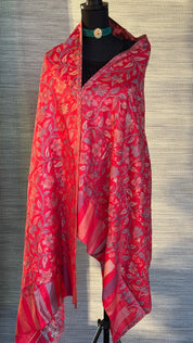 Kashmiri Semi Pashmina Stole - Red Multi 1 Resham Woven