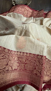 Pure Tussar Silk Banarasi - Beige Maroon