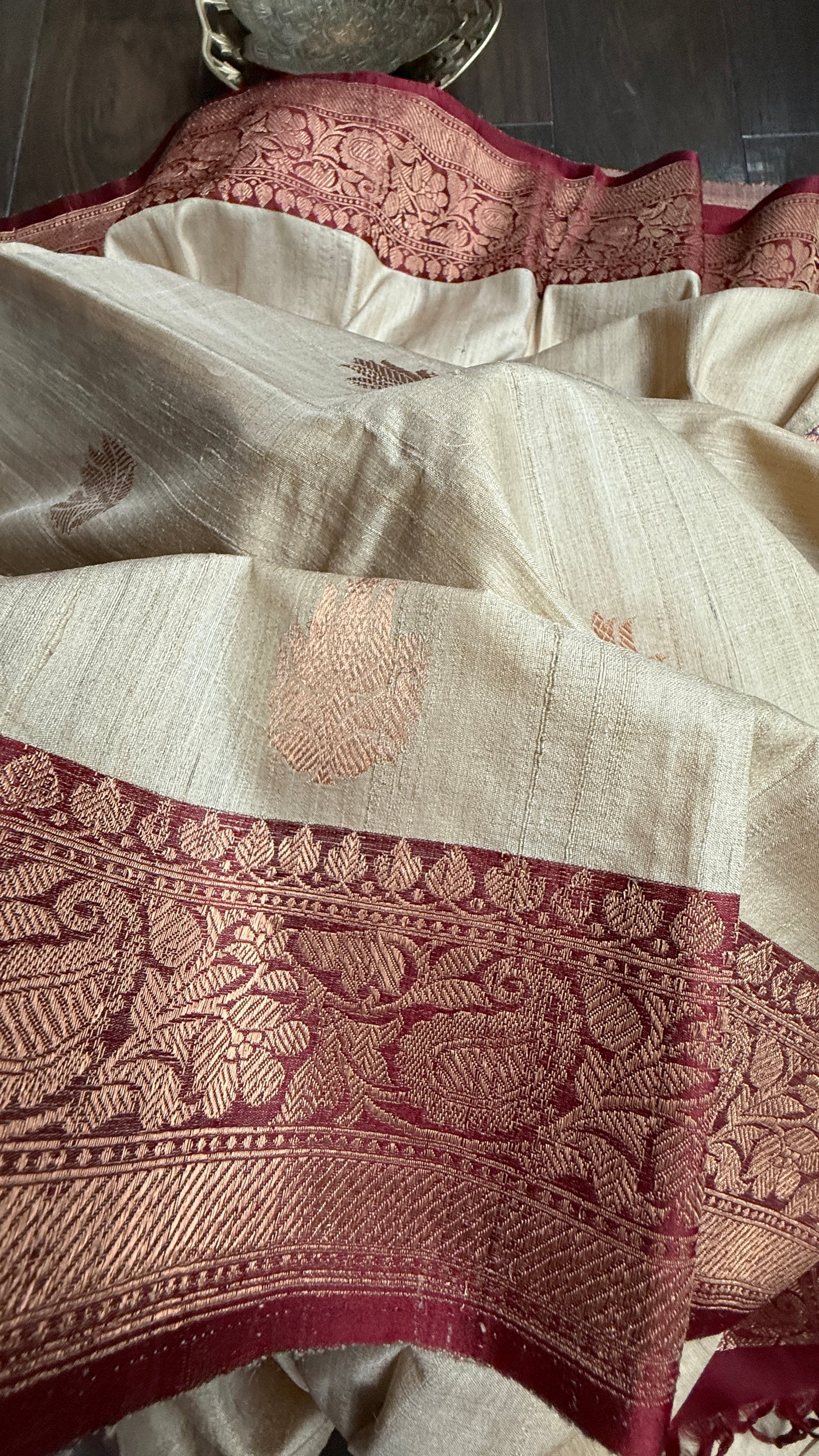 Pure Tussar Silk Banarasi - Beige Maroon