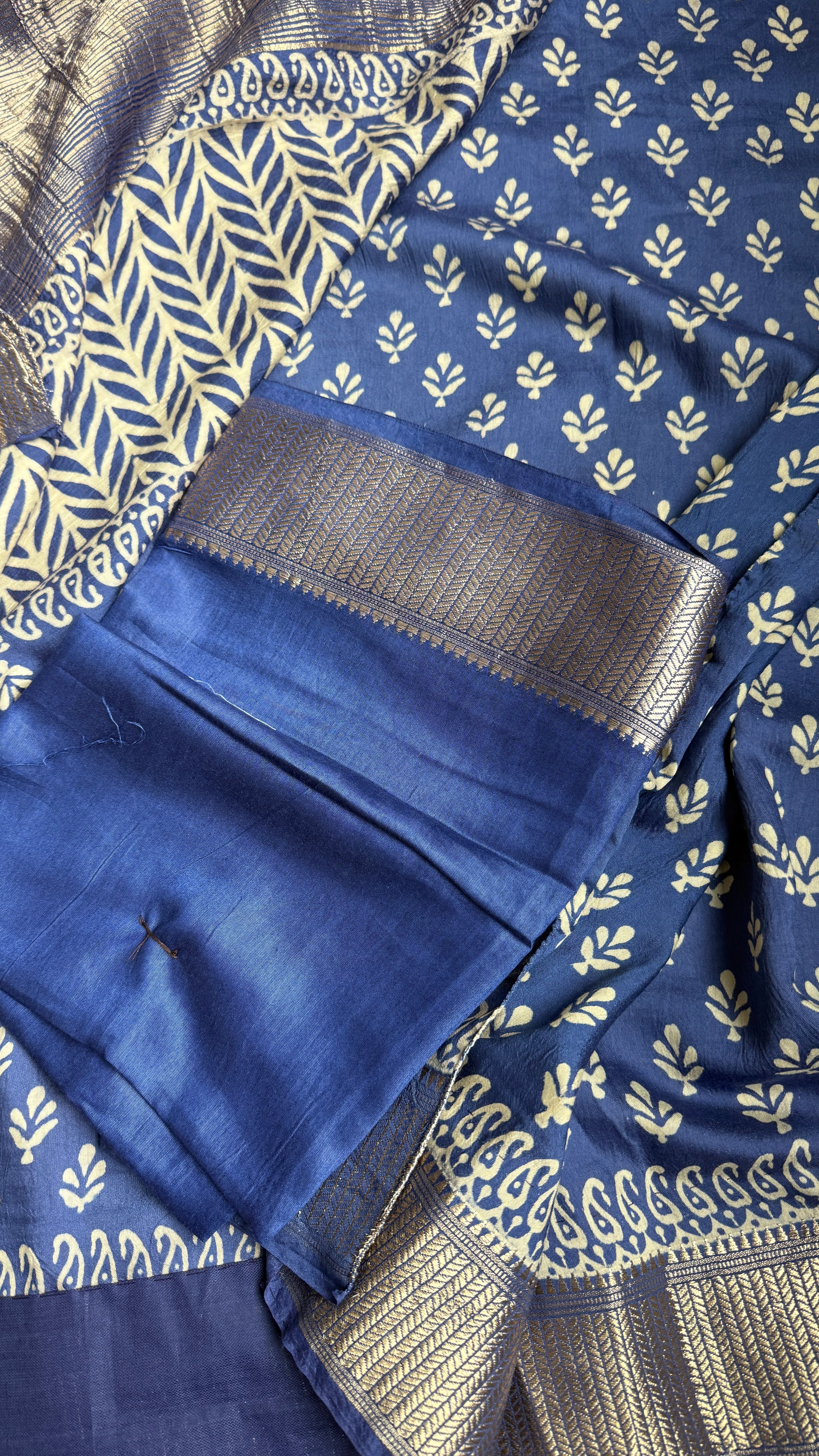 Printed Muga Cotton Silk Banaras  - Blue Paisley