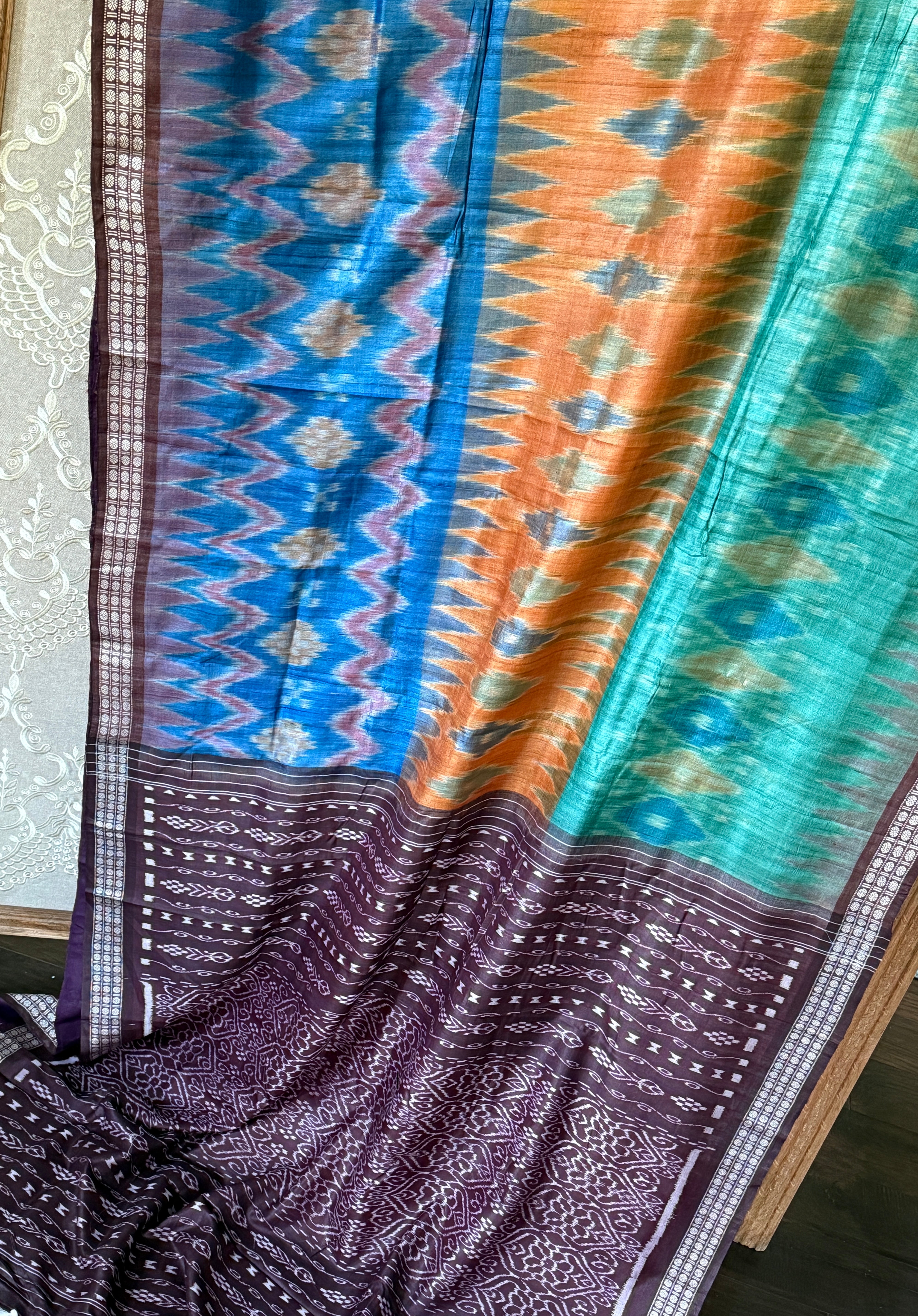Gopalpur Tussar Silk Ikat - Sea green Plum Orange
