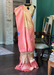 Pure Katan Silk Benarasi - Ivory Pink Golden Silver Zari