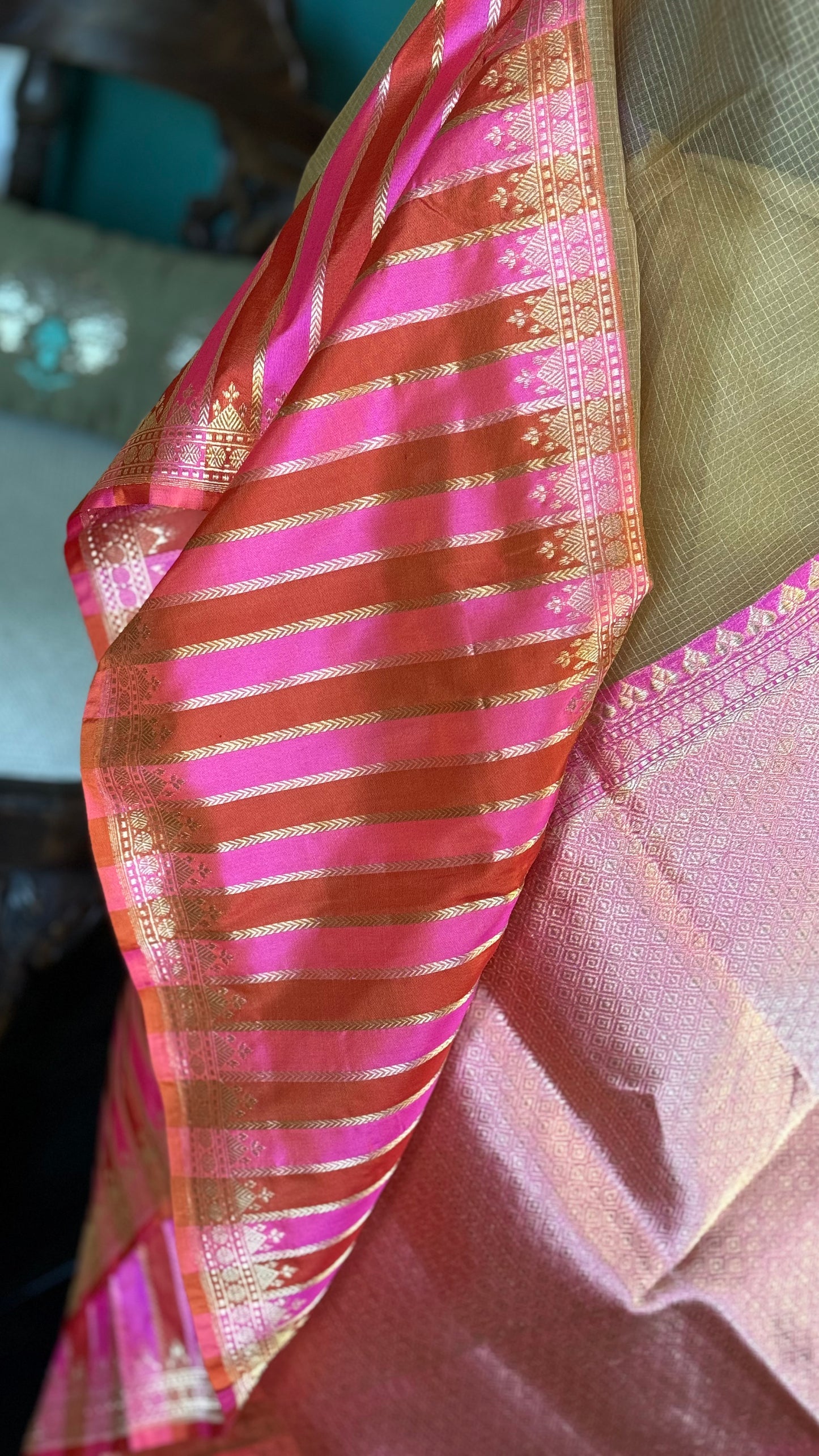 Organza Katan Silk Banarasi -  Tan Pink Orange Checkered