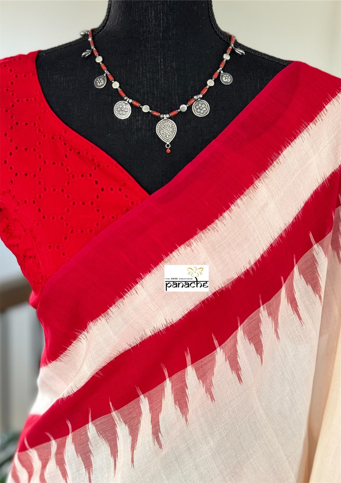 Pure Cotton Ikat - Dusty White Red Pochampolly