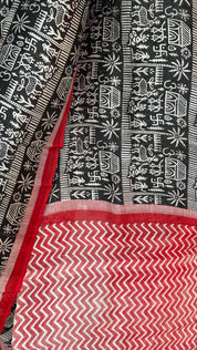 Pure Murshidabad Silk - Black White Red Printed