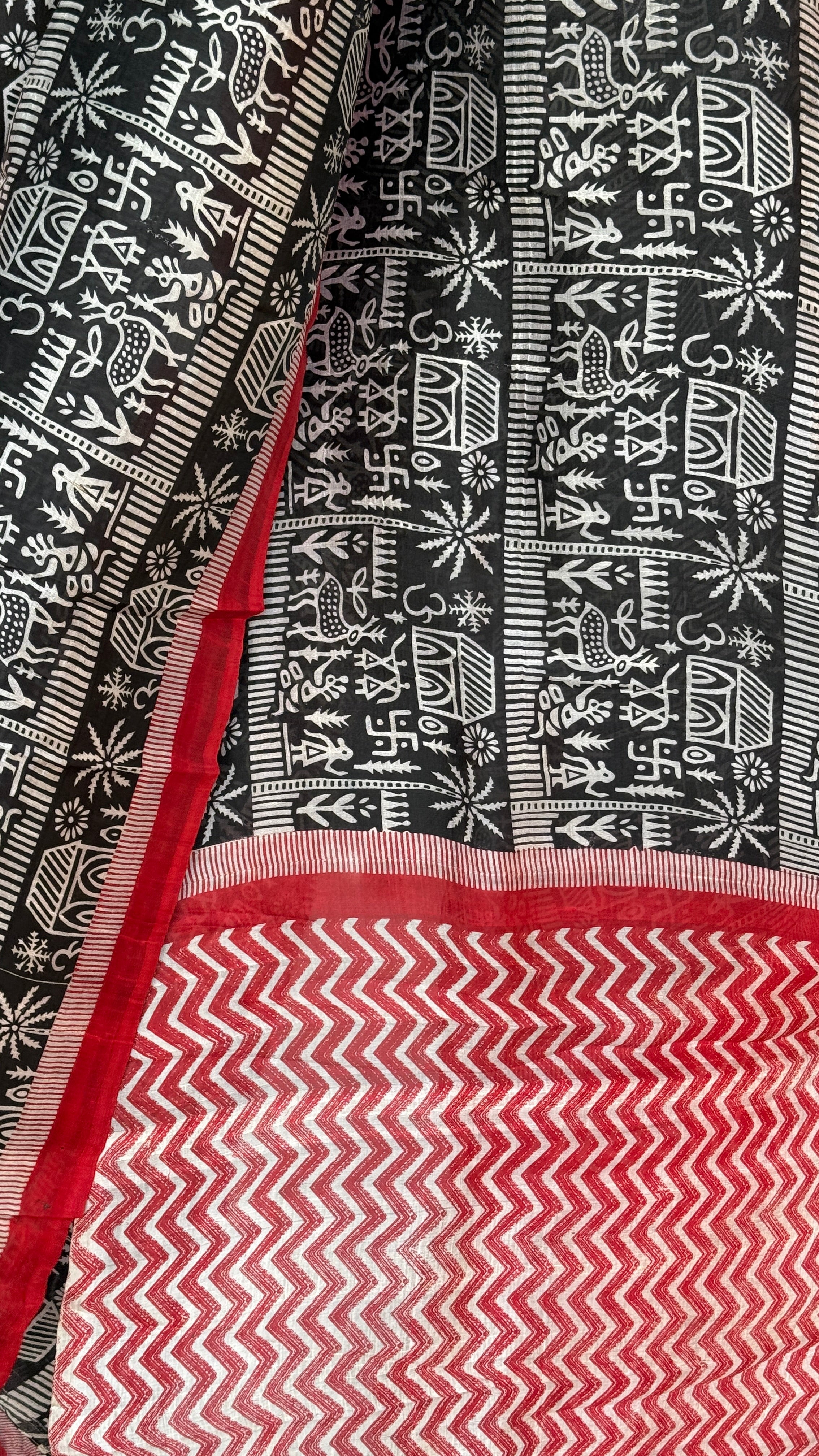 Pure Murshidabad Silk - Black White Red Printed