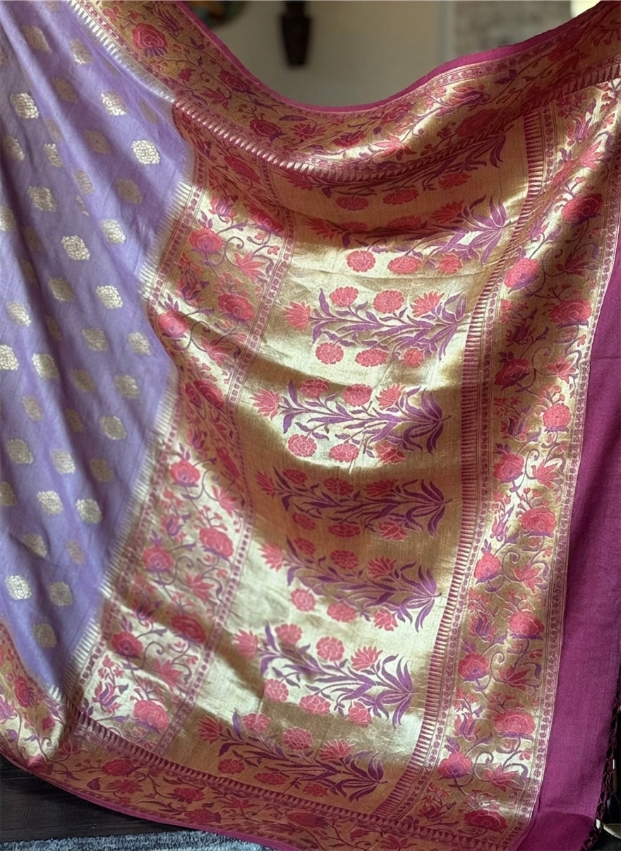Khaddi Tussar Banarasi -  Light Purple Mauve Tilfi Antique Zari