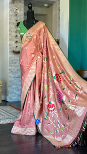 Khaddi Tussar Banarasi -  Gajri Pink Green Paithani