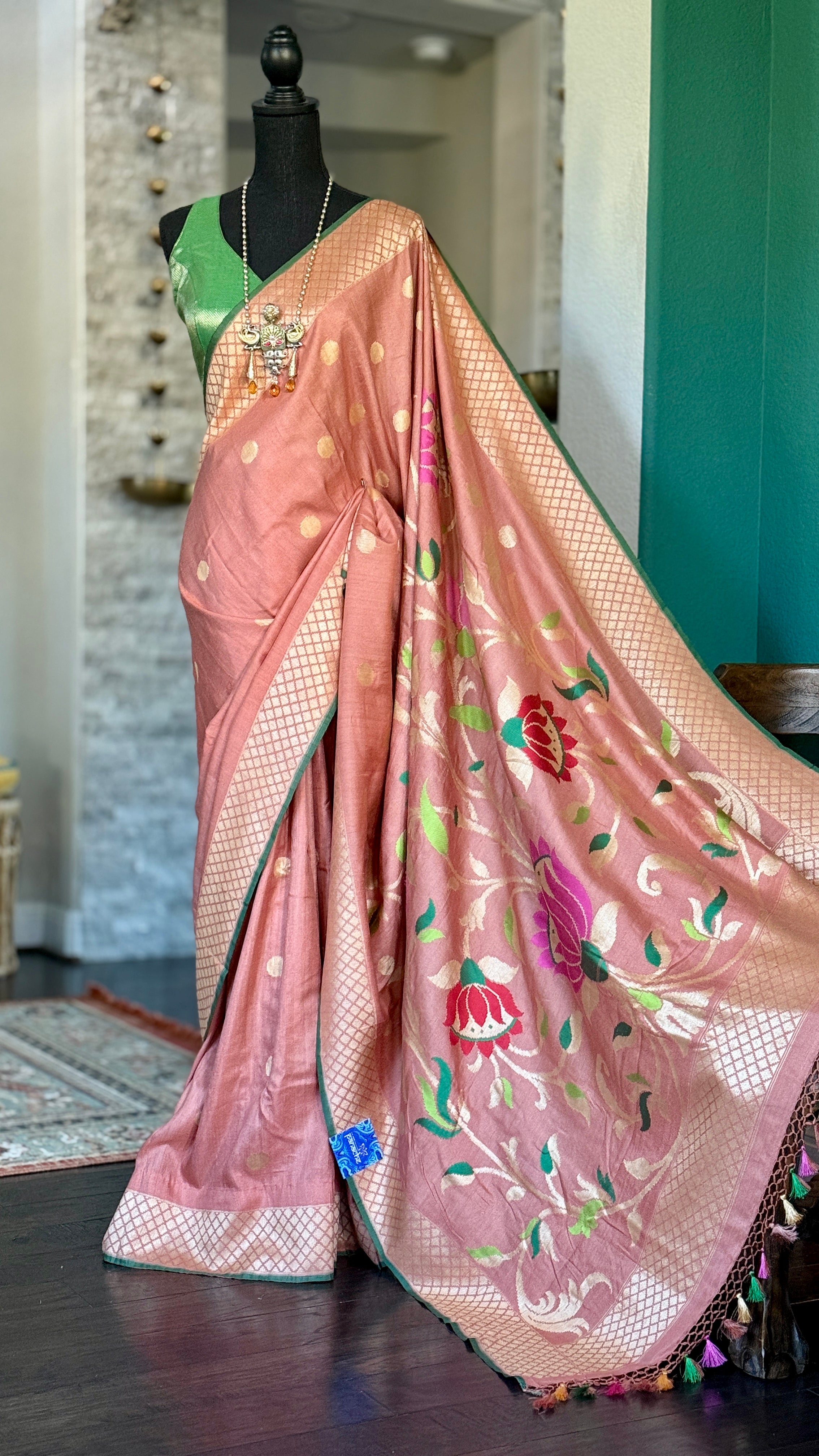 Khaddi Tussar Banarasi -  Gajri Pink Green Paithani