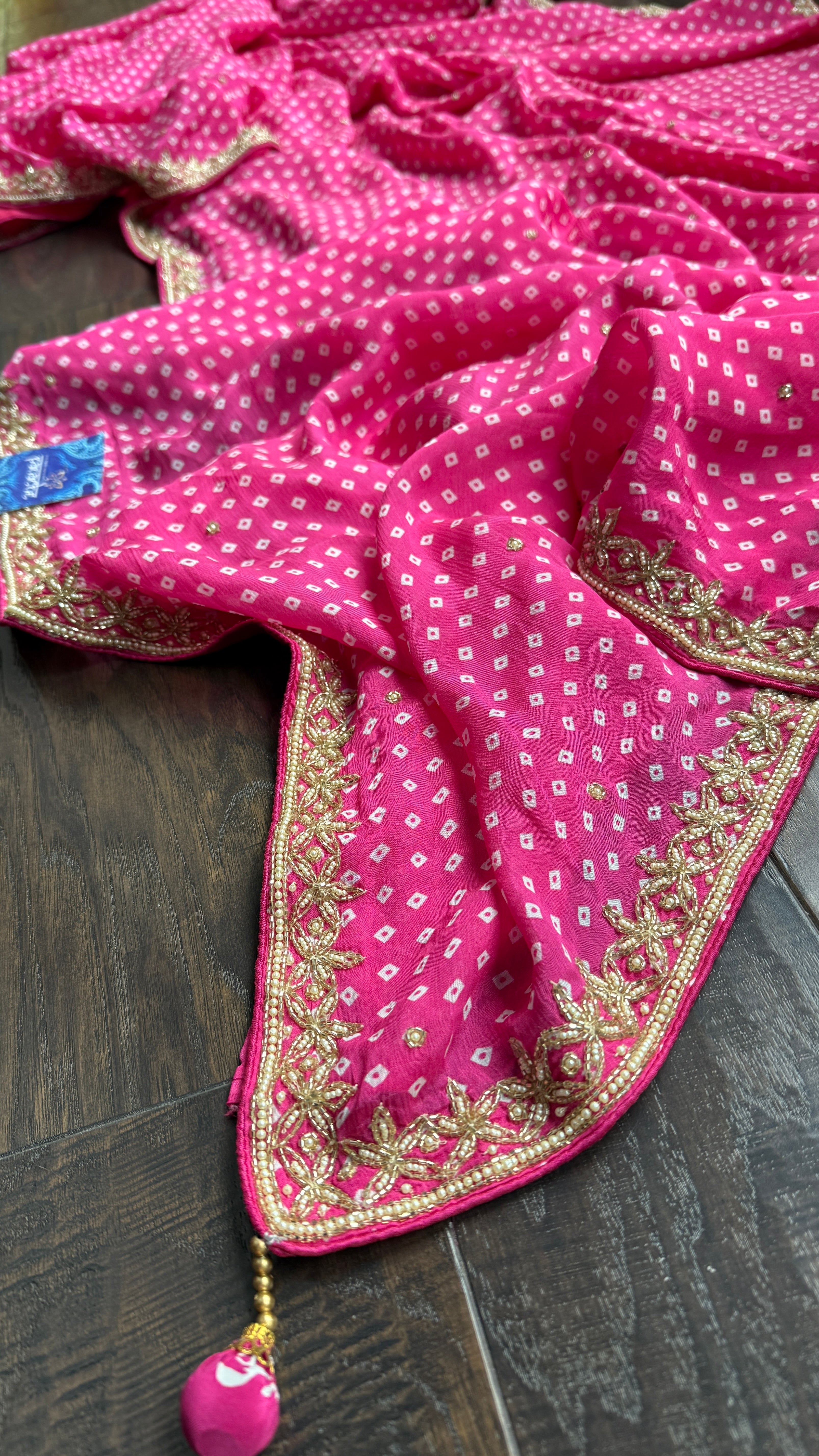 Designer Satin Georgette - Pink Bandhej Print