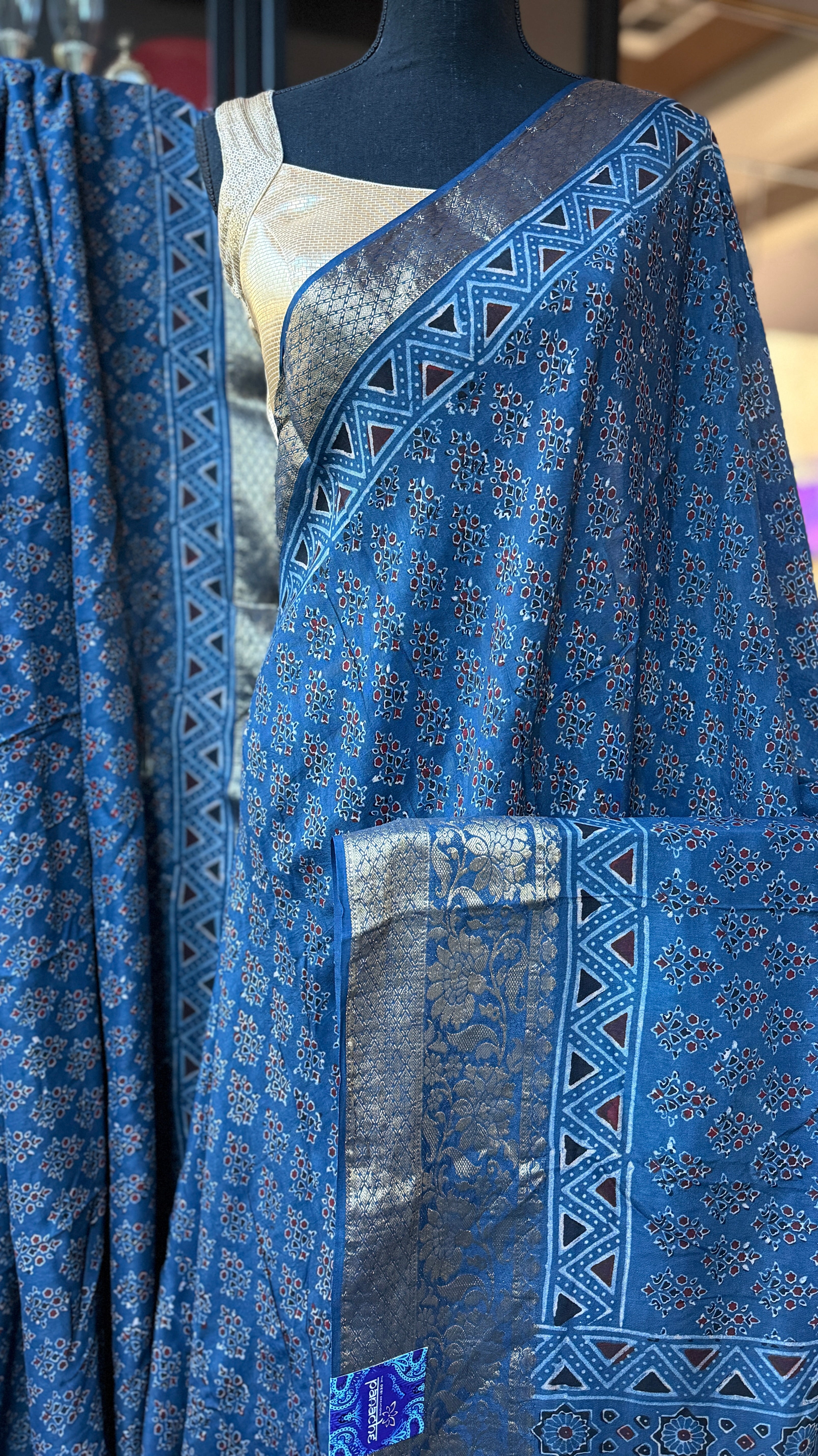 Dola Silk Ajrakh - Indigo 2