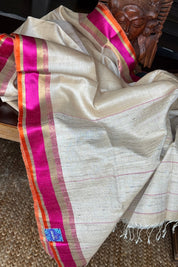 Pure Tussar Silk Handwoven - Tussar Beige Pink Orange