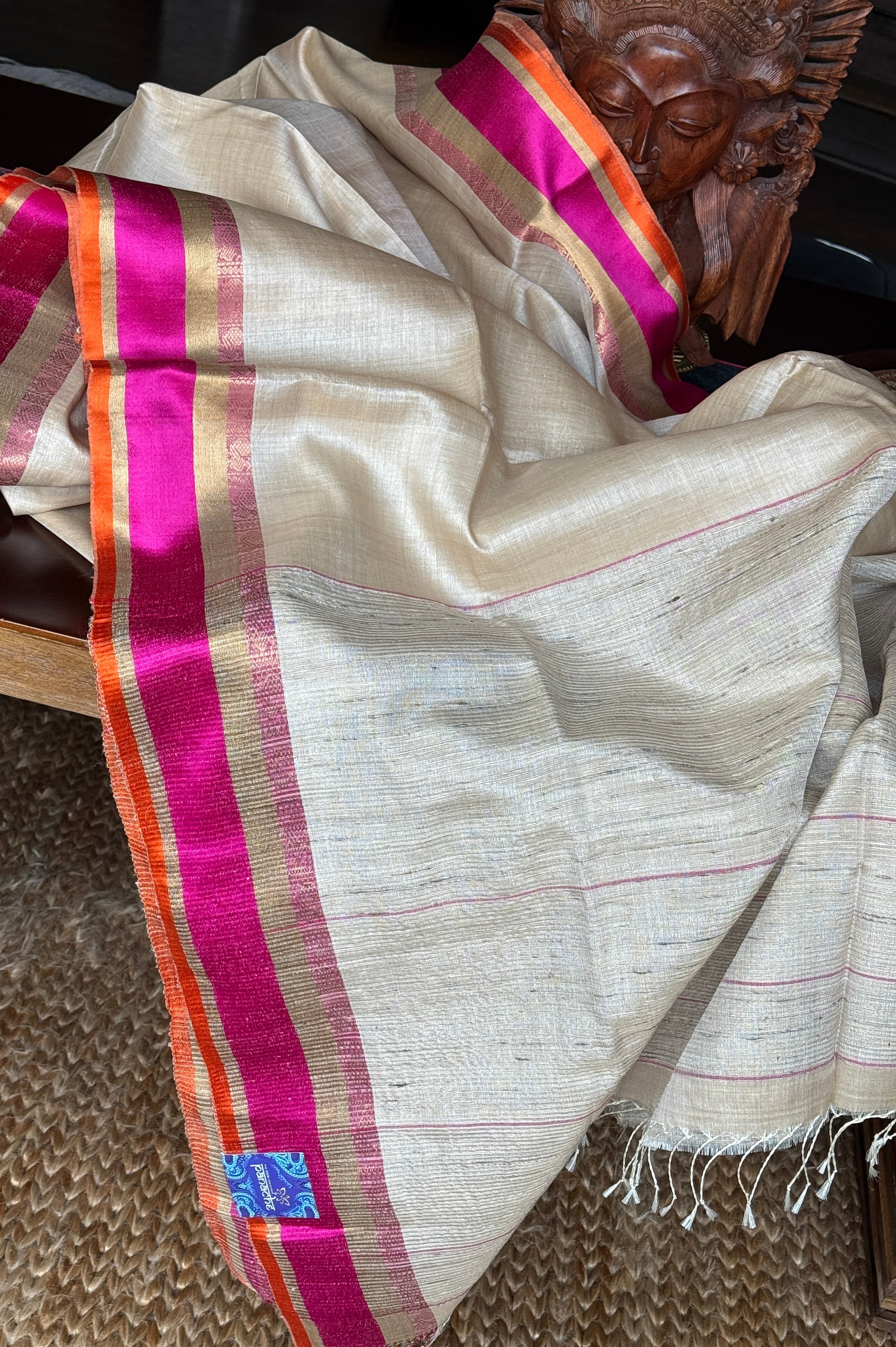 Pure Tussar Silk Handwoven - Tussar Beige Pink Orange