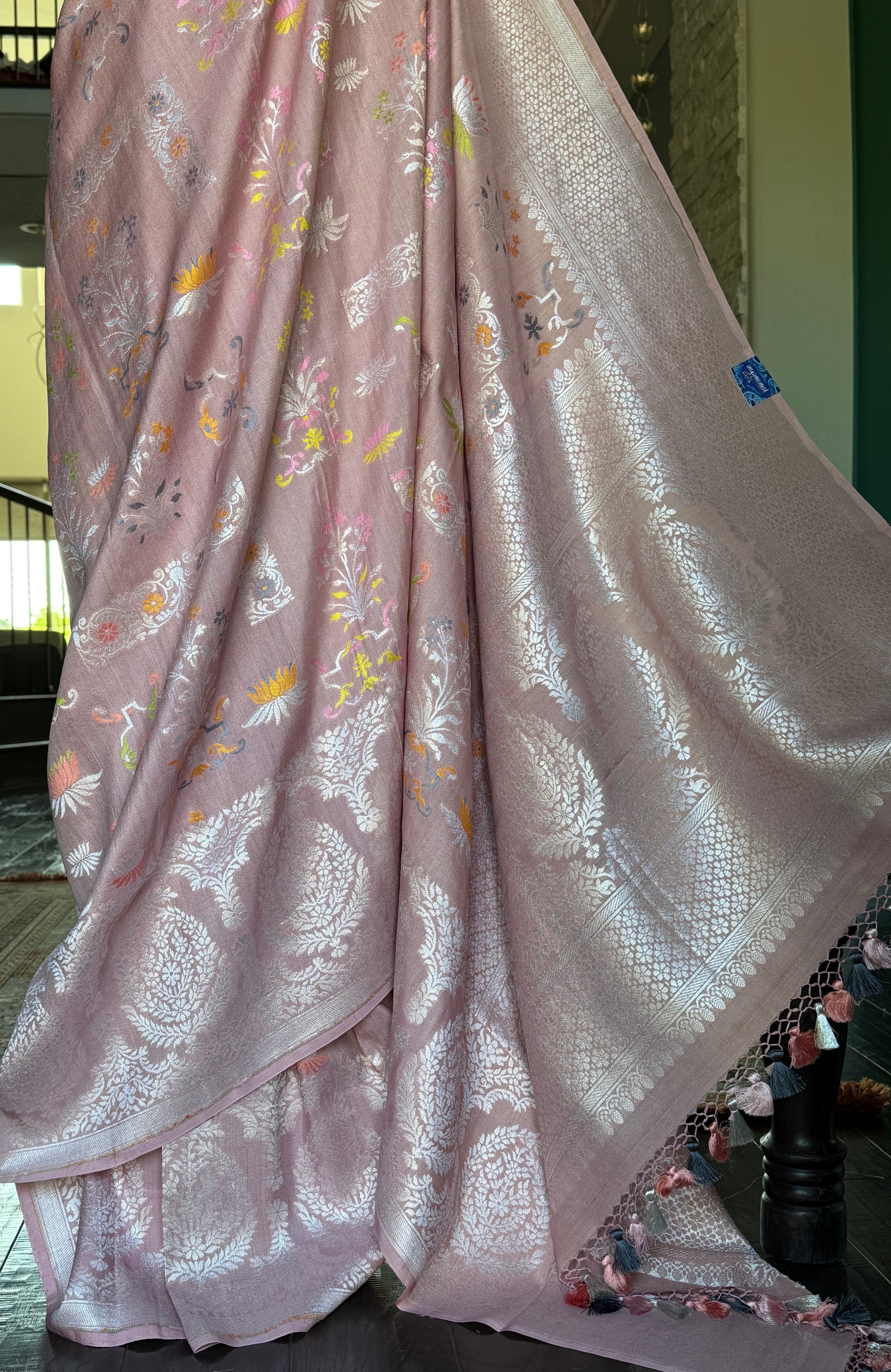 Tussar Silk Banarasi- Light Blush Pink Silver Zari