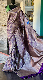 Pure Silk Katan Banarasi- Purple Antique Gold Zari