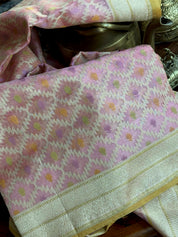 Pure Tissue Kora Silk Jamdaani Banarasi - Pink Golden Antique Zari