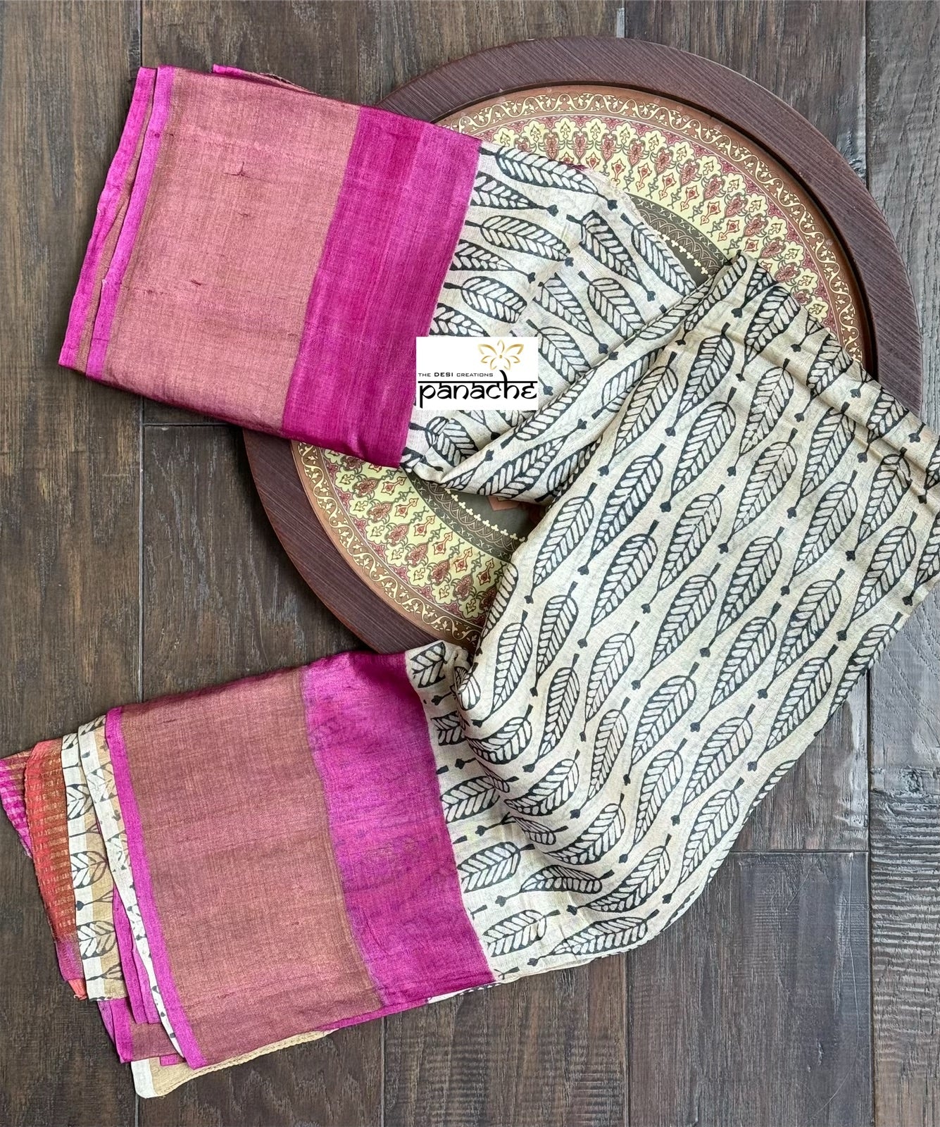 Pure Tussar Silk - Beige Black Pink Hand-Block Printed