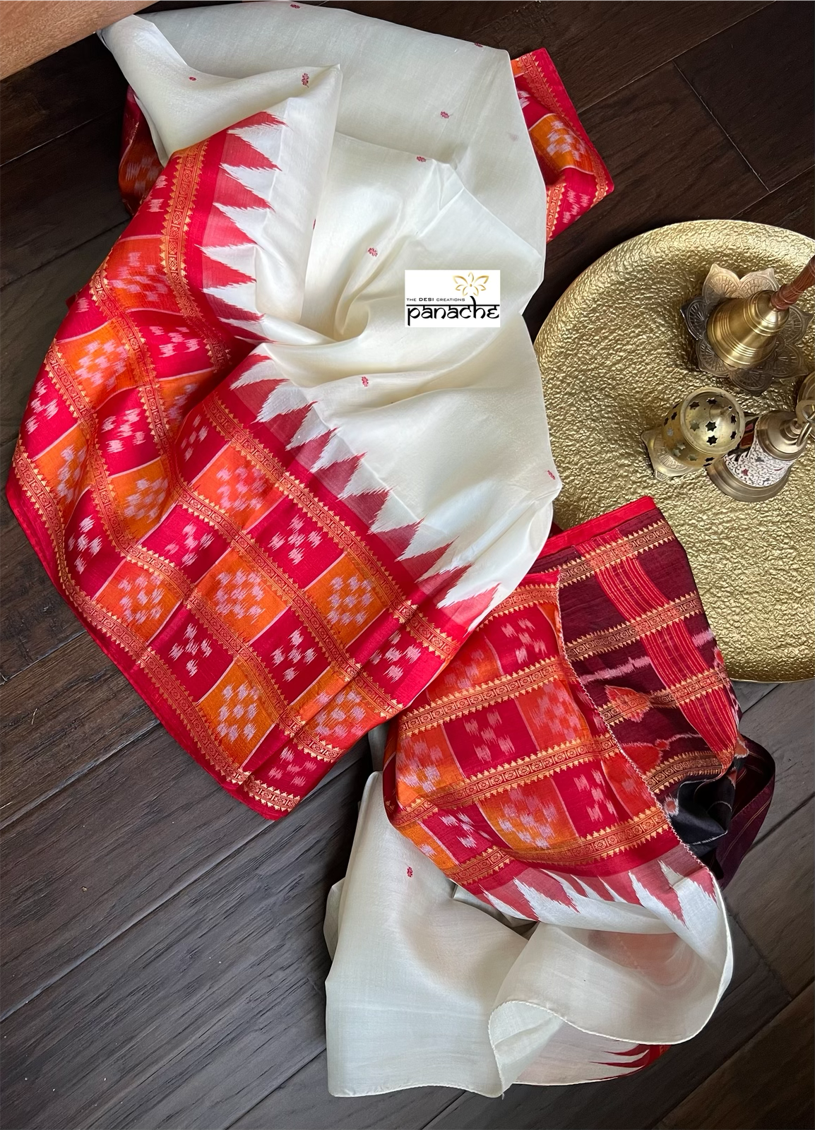 Pure Silk Sambalpuri Double ikat  - Cream Red Orange