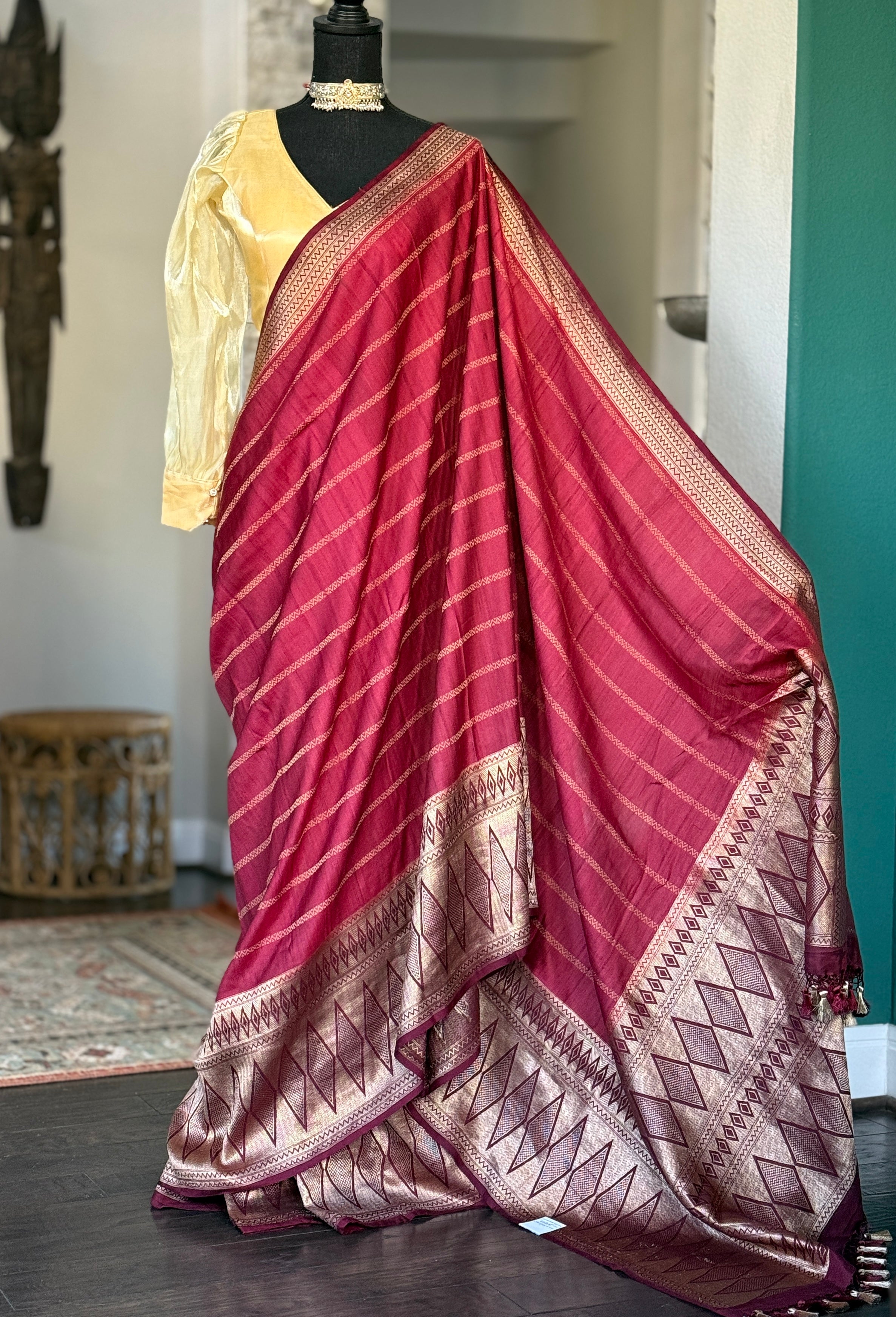 Tussar Silk Banarasi- Maroon Striped