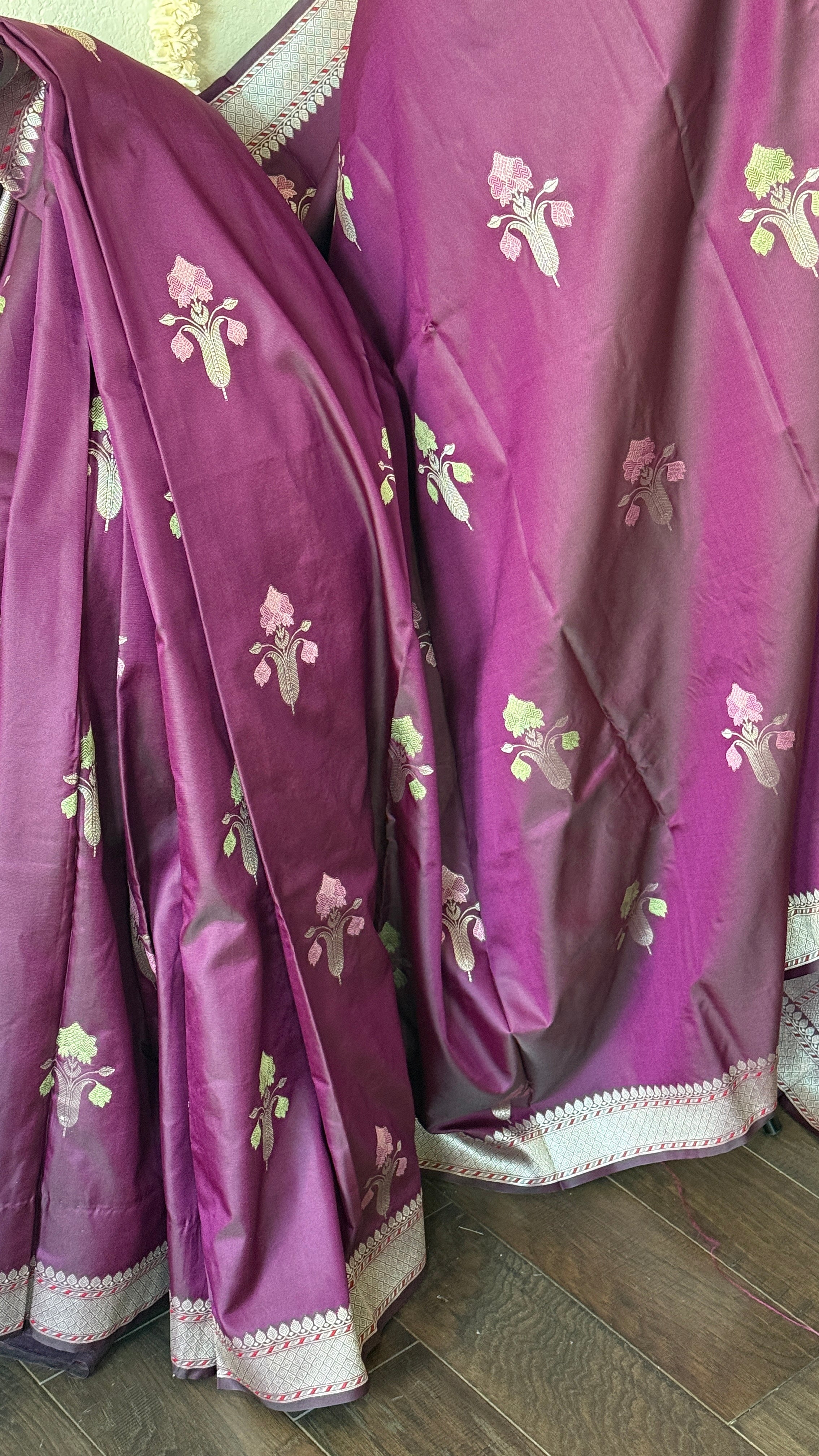Soft Silk Banaras Saree - Plum Meenakari