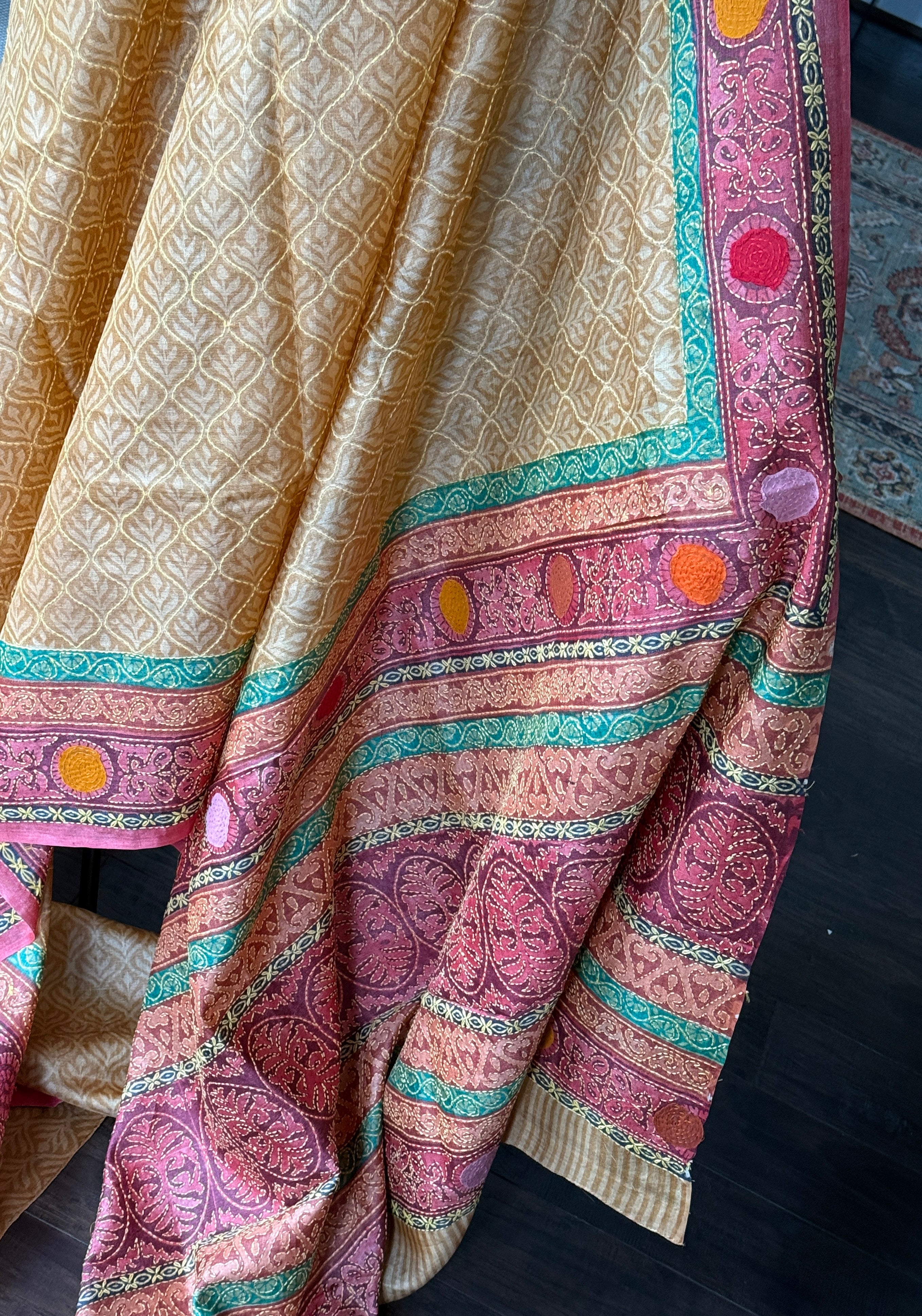 Printed Tussar Silk Kantha Stitch - Light Ochre Yellow