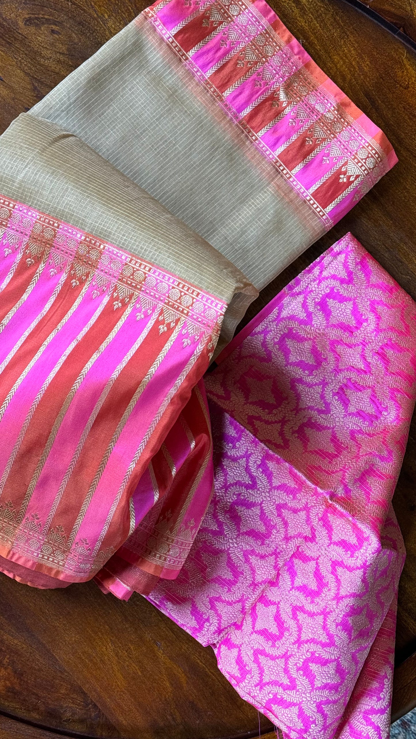 Organza Katan Silk Banarasi -  Tan Pink Orange Checkered
