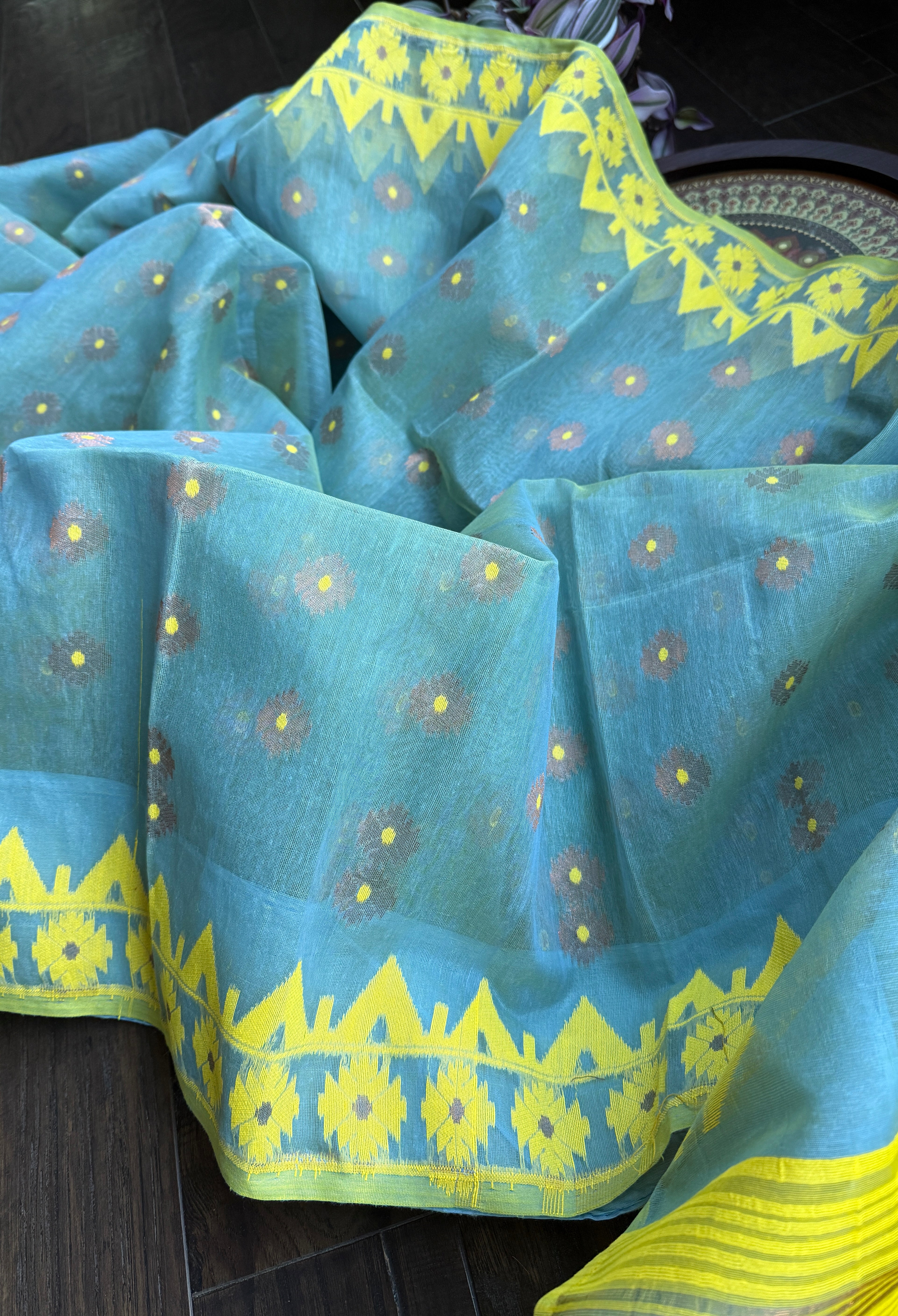 Dhakai Jamdani  - Light Blue Yellow Copper Zari  Woven