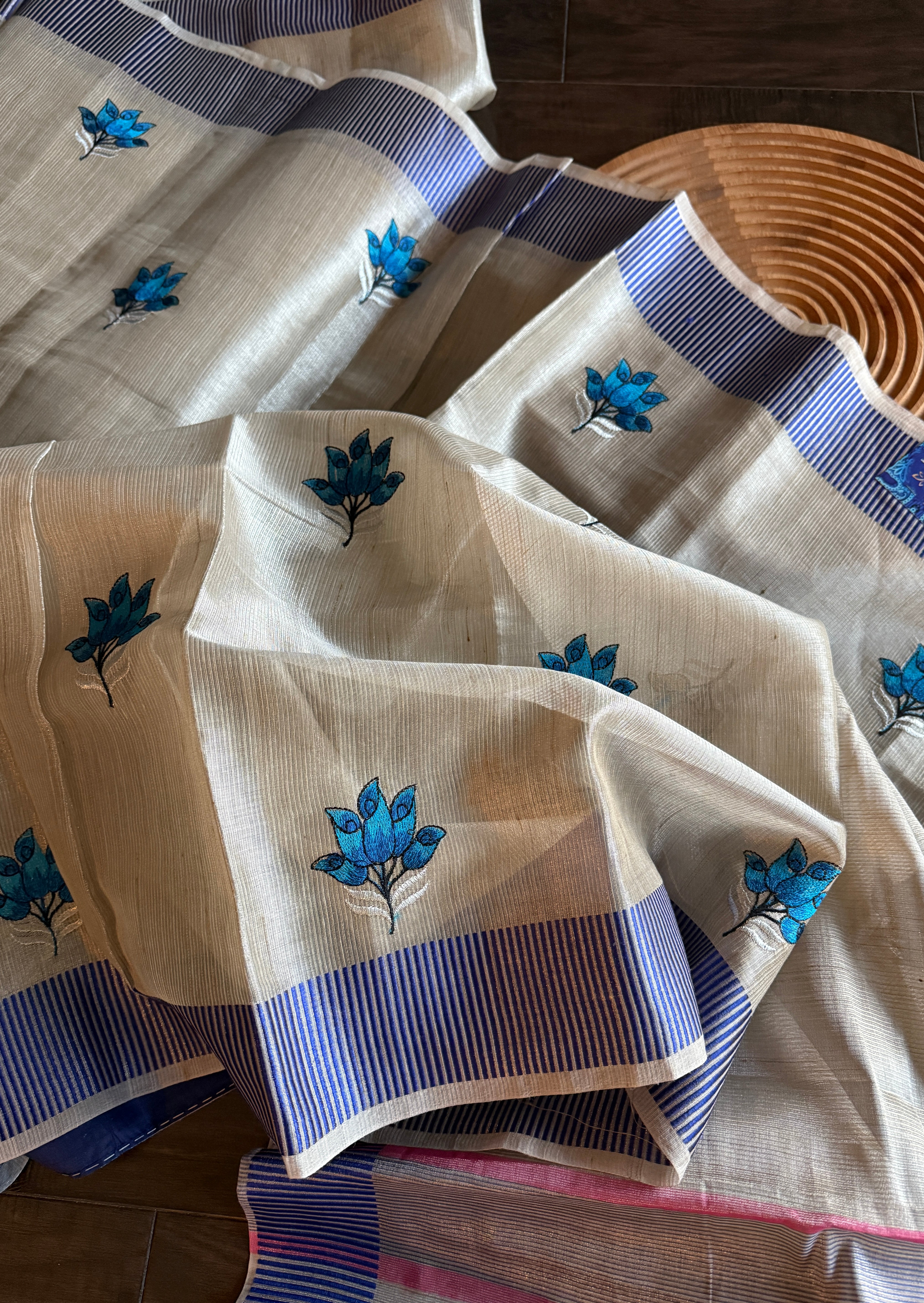 Designer Linen Tissue - Silver Grey Blue Embroidered