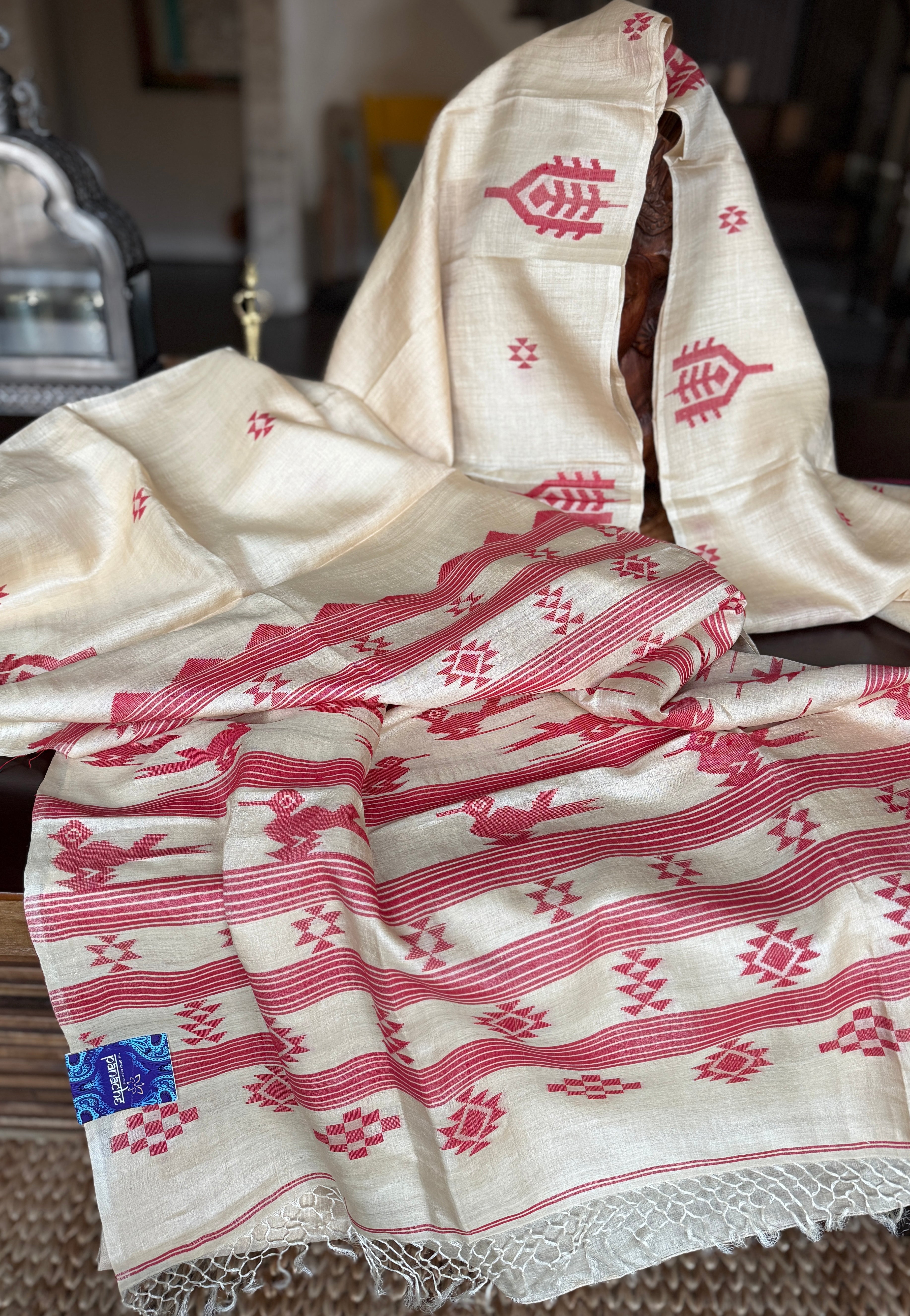 Pure Tussar Silk Jamdaani - Beige Red
