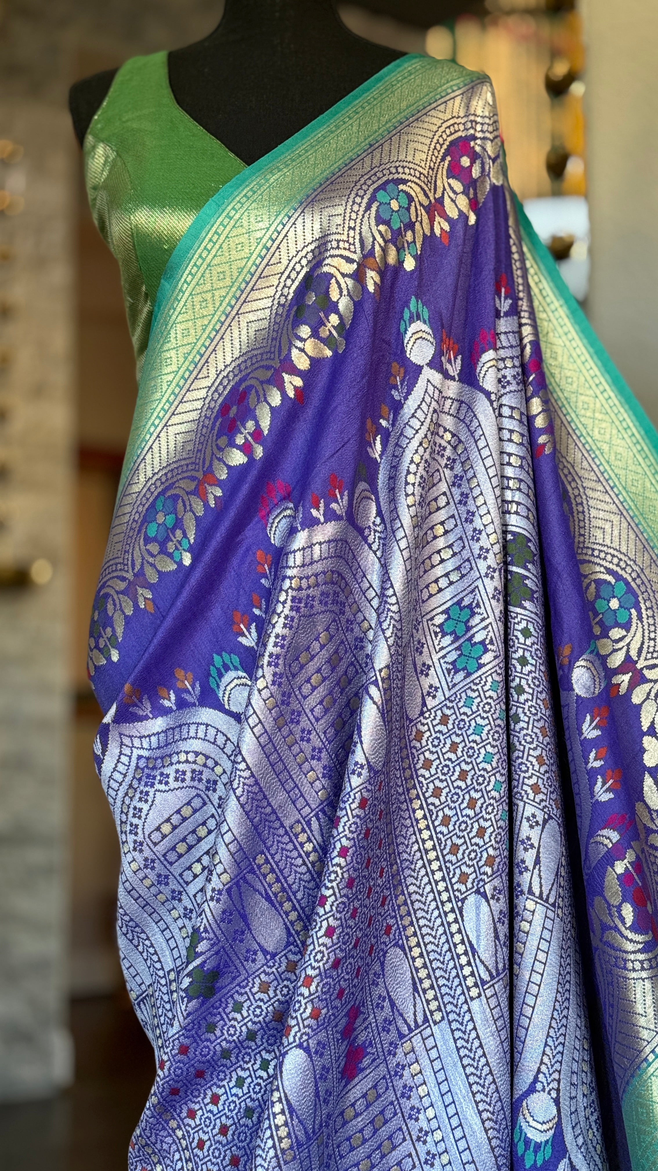 Tussar Georgette Banarasi - Purple Blue Mughal Inspired