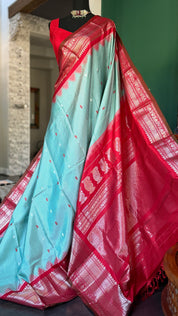 Pure Silk Gadwal - Light Blue Red Checkered