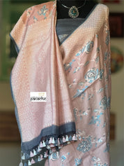 Khaddi Tussar Banarasi -  Peach Pink Grey Tilfi Antique Zari