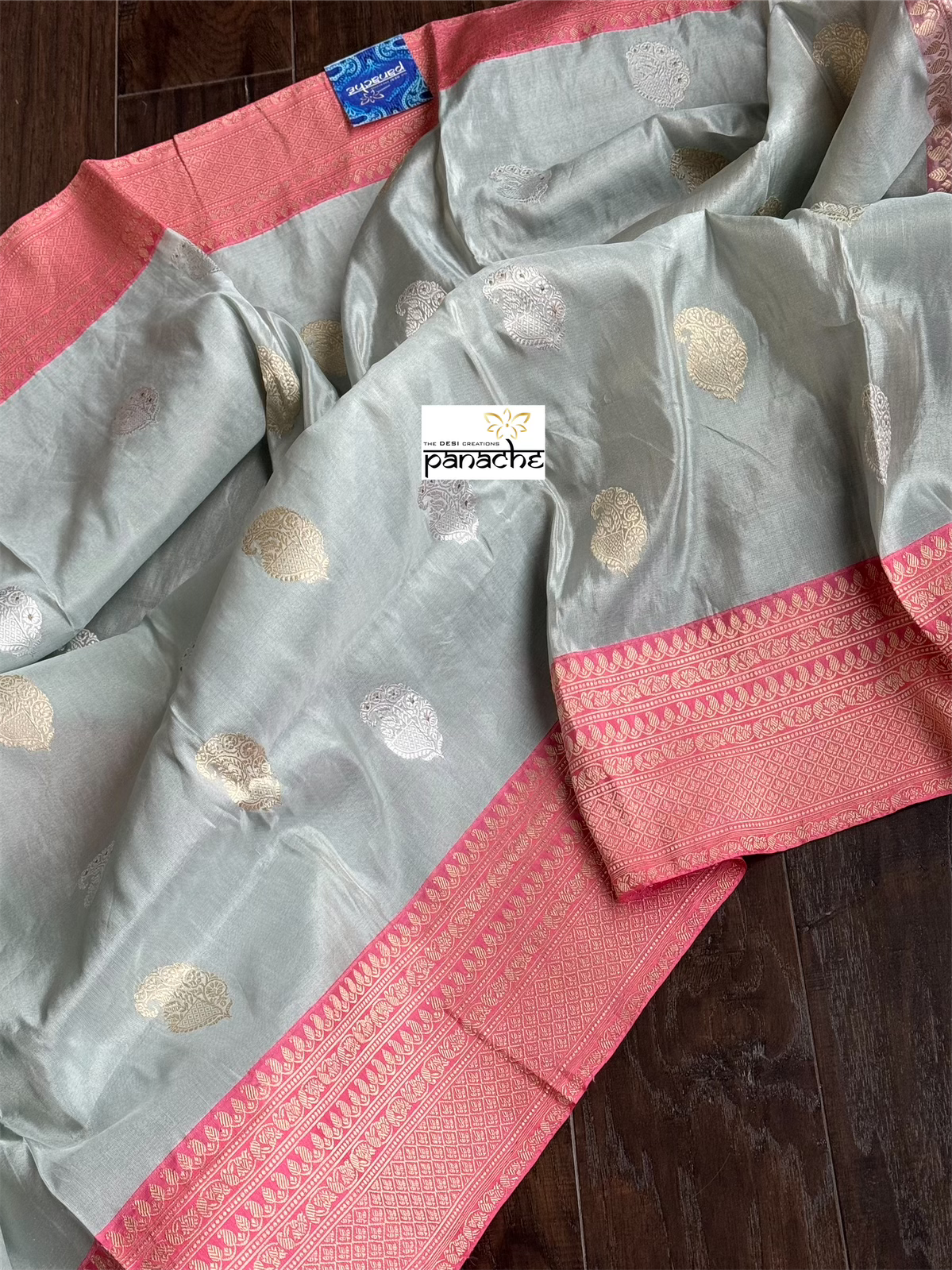Pure Tissue Katan Silk Banarasi - Silver Grey Pink Woven